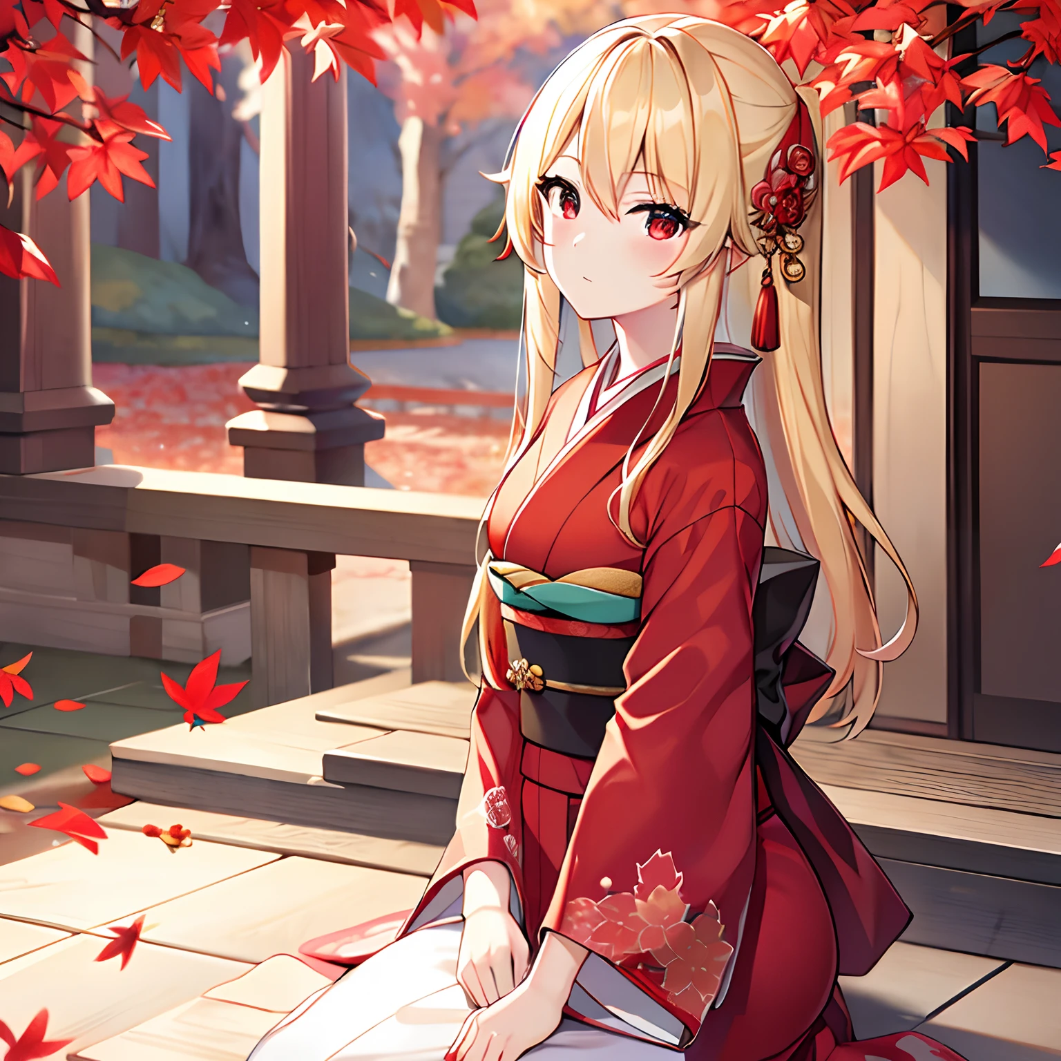 a blond、red eyes、Beautiful girl alone、独奏、animesque、Red kimono、natta、Colored leaves