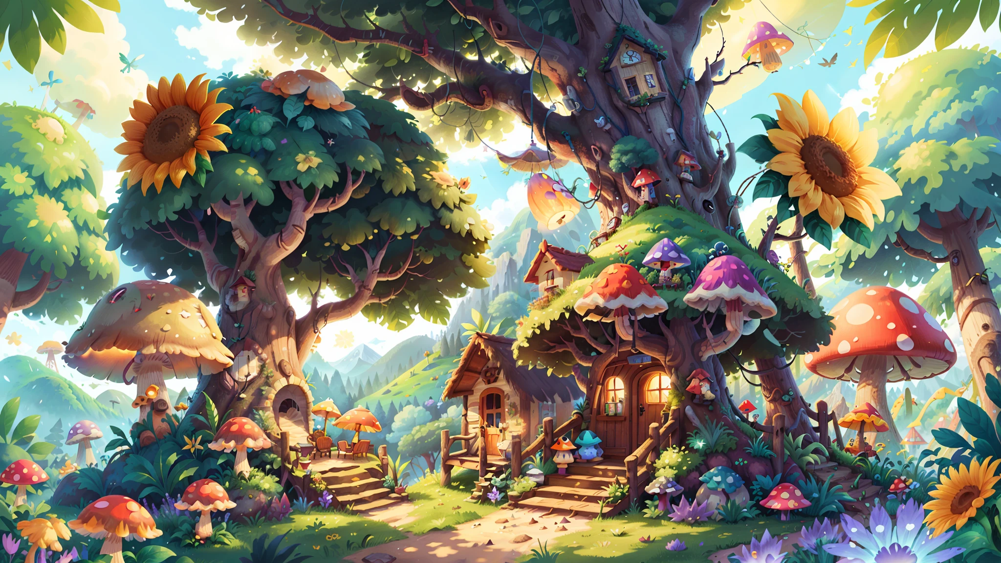 Light up the colorful large mushroom forest,Fine matte paint,summer day,beachside,rios,tree house,Sunflower fields,lavender,mountain ranges,mountain peaks,big trees,