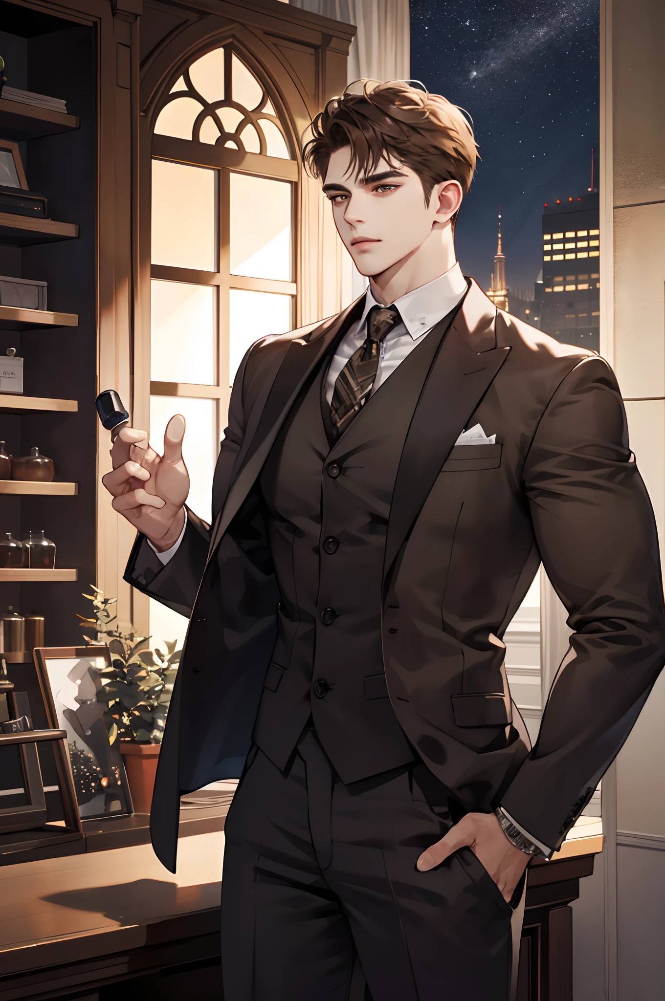 (modern day, k hd, ultra - detailed), (1male people, solo person, AS-Adult, mature:1.4, Idade:1.4, 年轻, Tall muscular man, Handsome), Very short hair, brunette color hair, Hair oil, with brown eye,(Pointed chin:1.4,Thick neck:1.4,),the night,Dark,Look at the night view of the city through the large window,brown suit,tiese,full bodyesbian,luxury goods,luxury goods,