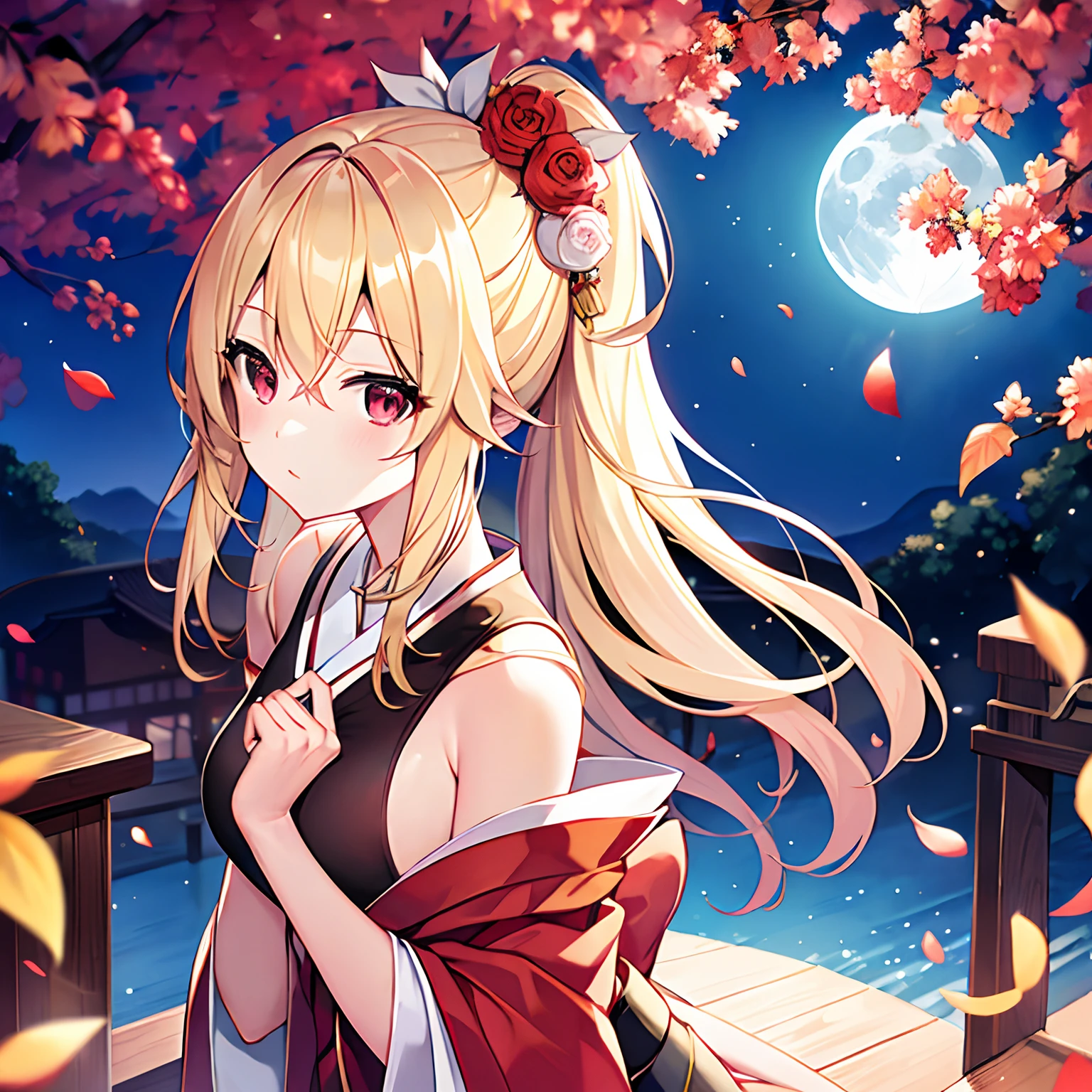 a blond、red eyes、Beautiful girl alone、独奏、animesque、Kimono、Midnight、a moon、Colored leaves