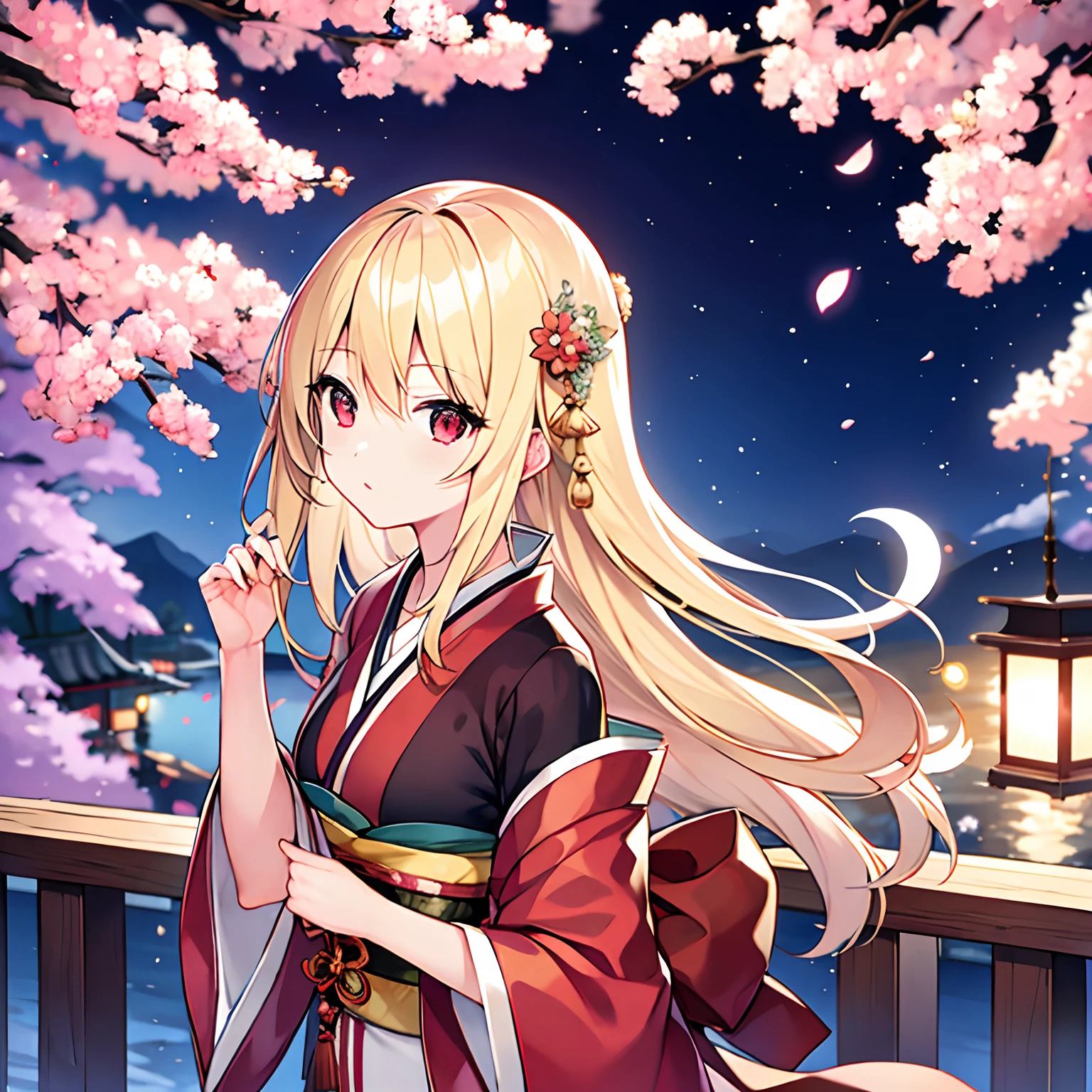 a blond、red eyes、Beautiful girl alone、独奏、animesque、Kimono、Midnight、a moon、Colored leaves