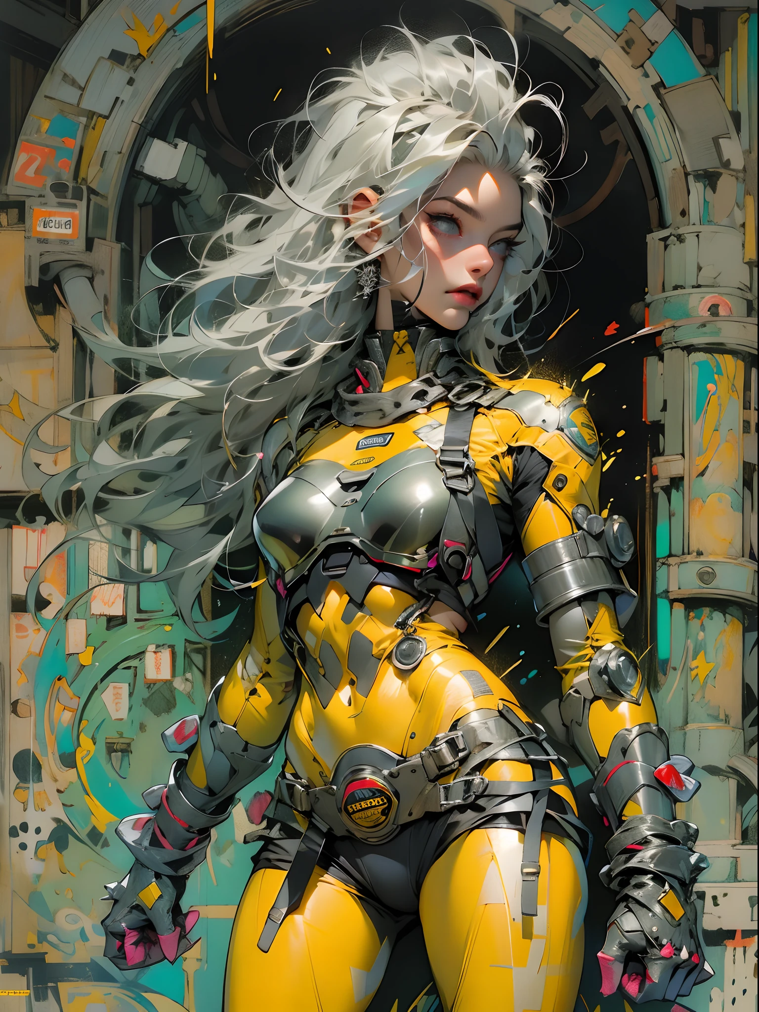 ((( mulher ))), ((( melhor qualidade ))), ((( obra prima ))), ((( adulto ))), ..RAW, 8k, ((( Absurdo ))), Uma guerreira mulher de 35 anos com corpo perfeito, Gladiadores do Brooklyn, hand with steel gloves and metal tips, (( sob os peitos )), (( Tiny floss )), quase nua no estilo selvagem urbano de Simon Bisley para a capa da revista 2000 A.d., cabelo loiro, Minimum clothing, metal protection on the left arm full of tips and rivets, estrelas de 5 pontas na roupa, (corpo inteiro), ((( cabelo preto curto com franja branca )))