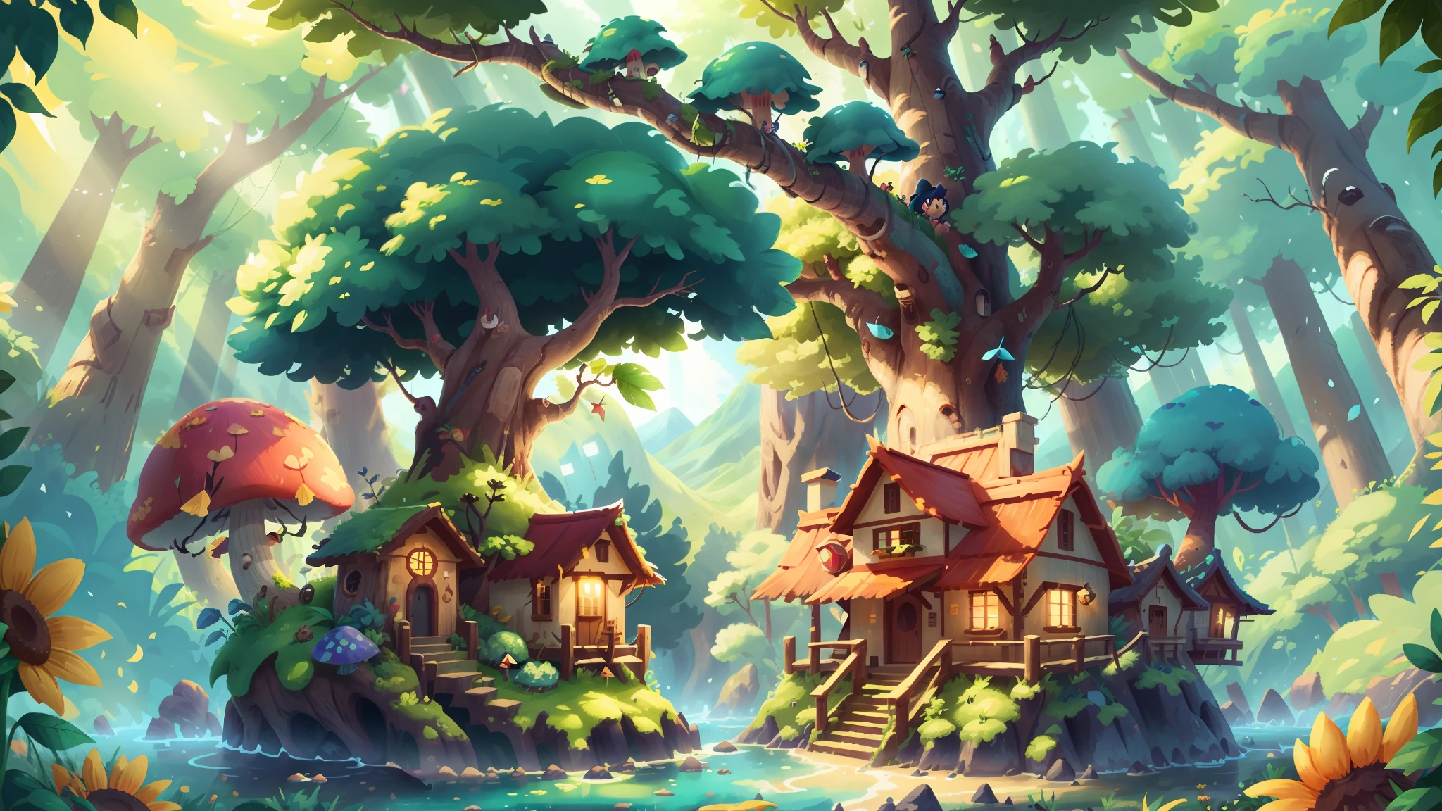 （super wide shot），（Best Masterpiece），8K，Light up the colorful large mushroom forest，Fine matte paint，summer day，beachside，rios，tree house，Sunflower fields，lavender，mountain ranges，mountain peaks，big trees，Densely wooded，The leaves are verdant，The stream is babbling。The visuals are beautiful and beautiful，full of sunlight。
