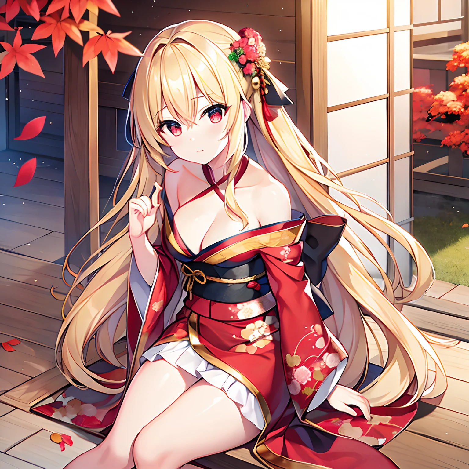 a blond、red eyes、Beautiful girl alone、独奏、animesque、Kimono、Midnight、Colored leaves