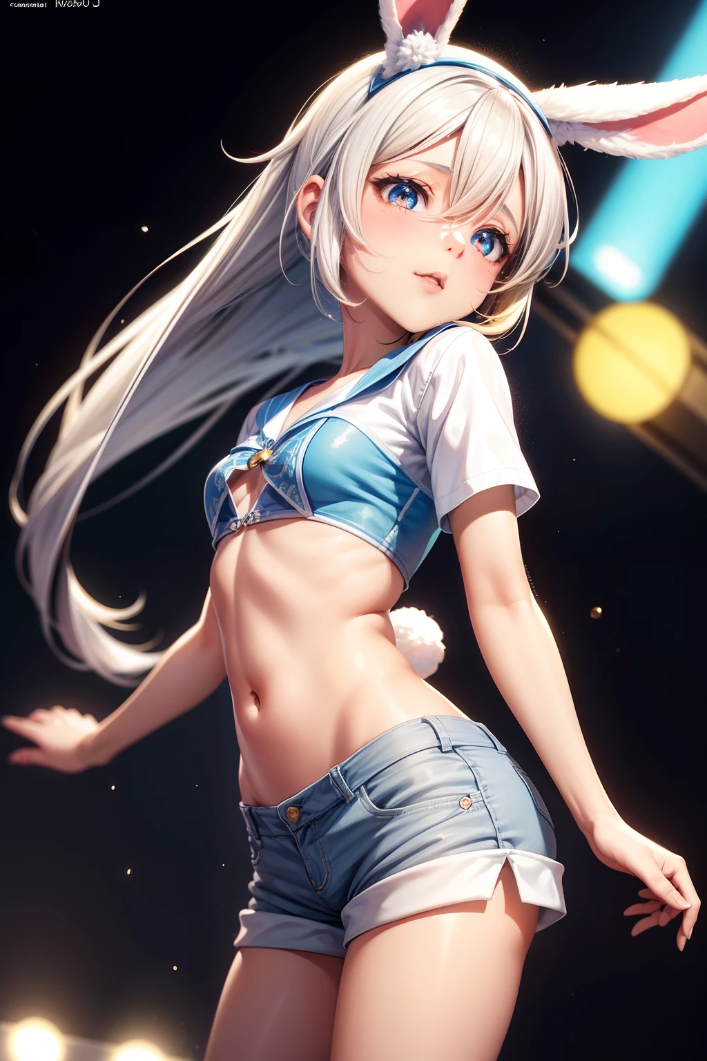 Menino anime afeminado com uma camisa azul e shorts brancos, Cabelo branco, sonolento, coelhinho menino, Kagamine Rin, Lola Bunny Fanart, Nice mini estilo, Melhor Avaliado em Pixiv, original Chibi Bunny Femboy, with long floppy rabbit ears, sexy, na empresa Pixiv, com orelhas de coelho, Neferpitou, Perfect lips, pele de porcelana, HDR, UHD, 64 mil, studio lighting, realista, hyper realistic, simetrical face, Motor irreal, Bokeh, high - resolution scan