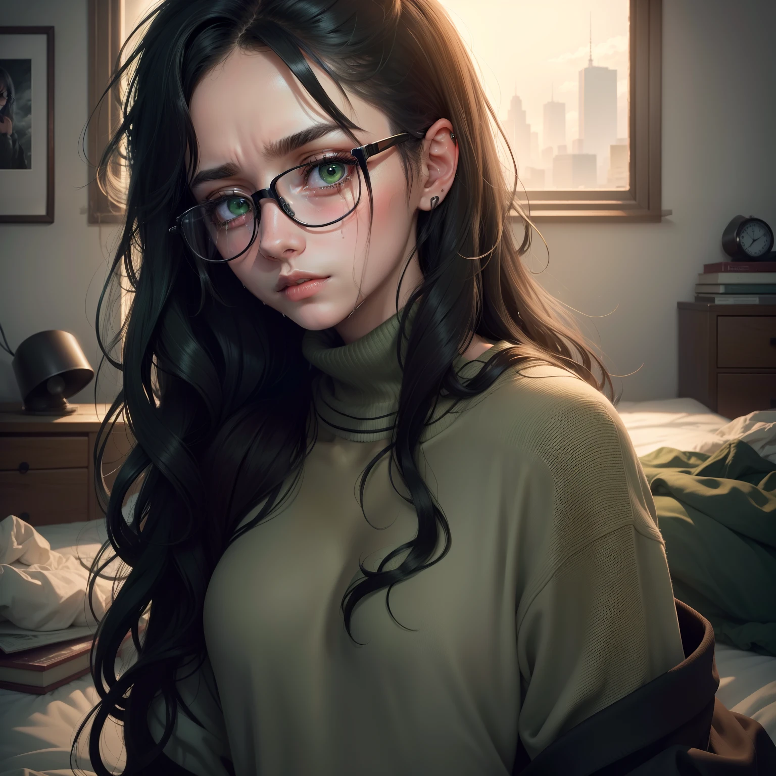 Best quality, masterpiece, ultra high res, 8k, 1girl, (dark clouds), (dark green eyes), tired, melancholy, depressed, crying, detailed black hair, messy hair, long hair, sweater, (wearing glasses), messy bedroom, messy bed