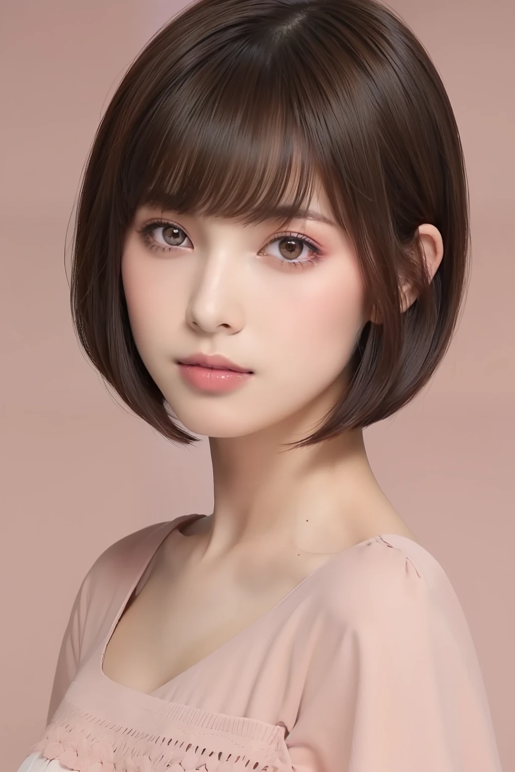 feminine makeup, ((Feminine shorthair, Hair Color Brown, sloping smooth bangs: 1.5)), Light pink puff sleeve knit、autumnal