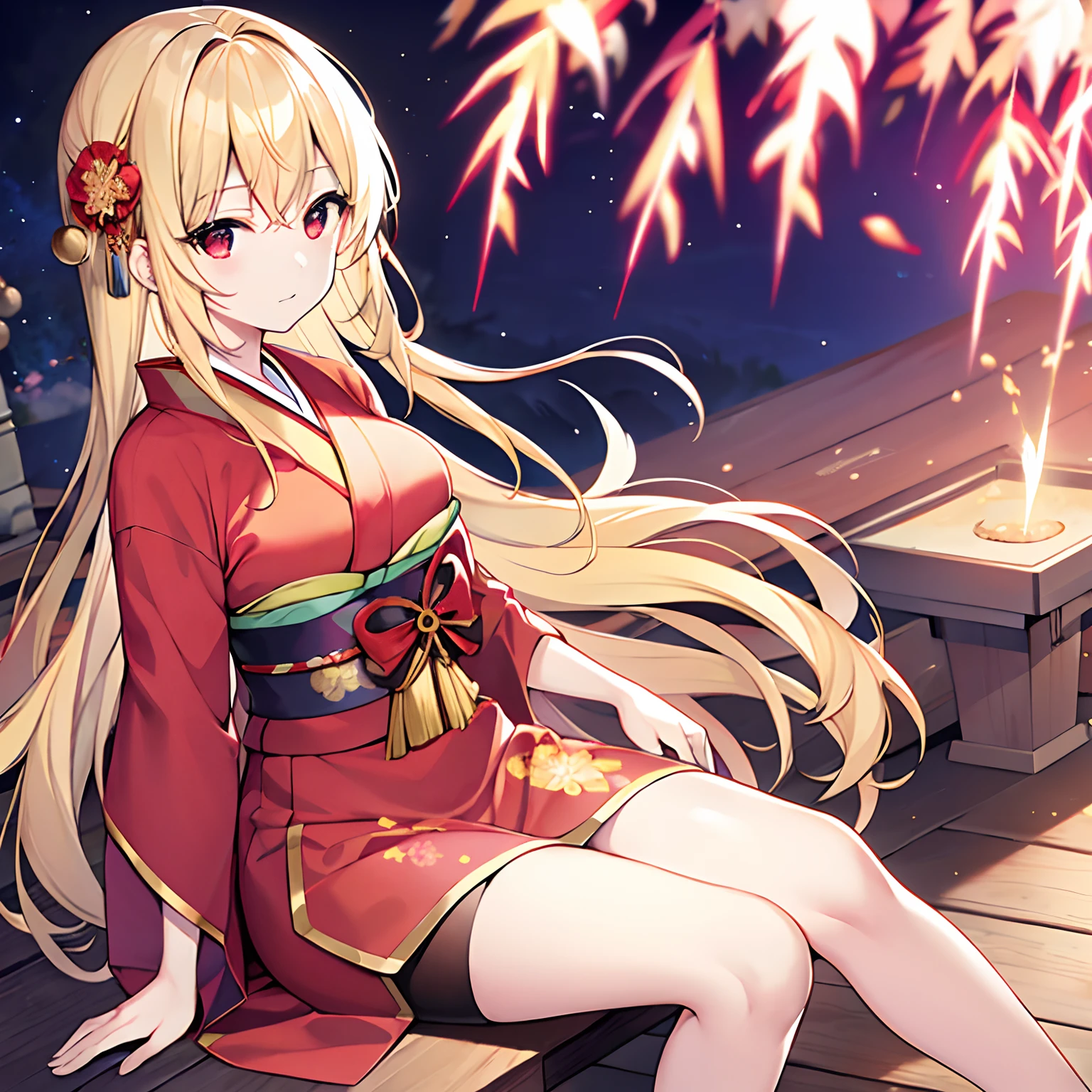 a blond、red eyes、Beautiful girl alone、独奏、animesque、Red kimono、natta、sparklers