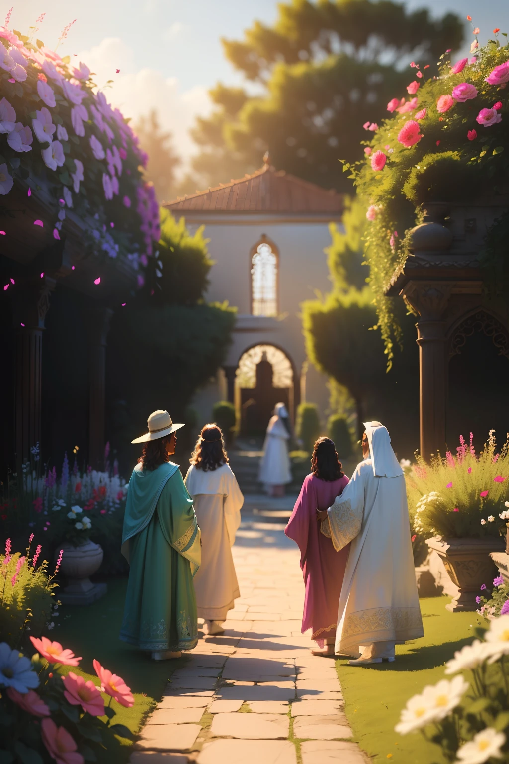 a gathering of friends in gypsy robes in a flowery and colorful garden (jardim) (dia claro e aconchegante ao fundo da imagem:1.1) Tracing of volumetric haze rays z pass bright light, (obra-prima) (melhor qualidade) (detalhado) (8k) (cinematic lighthing) (foco nítido) (intrincado)