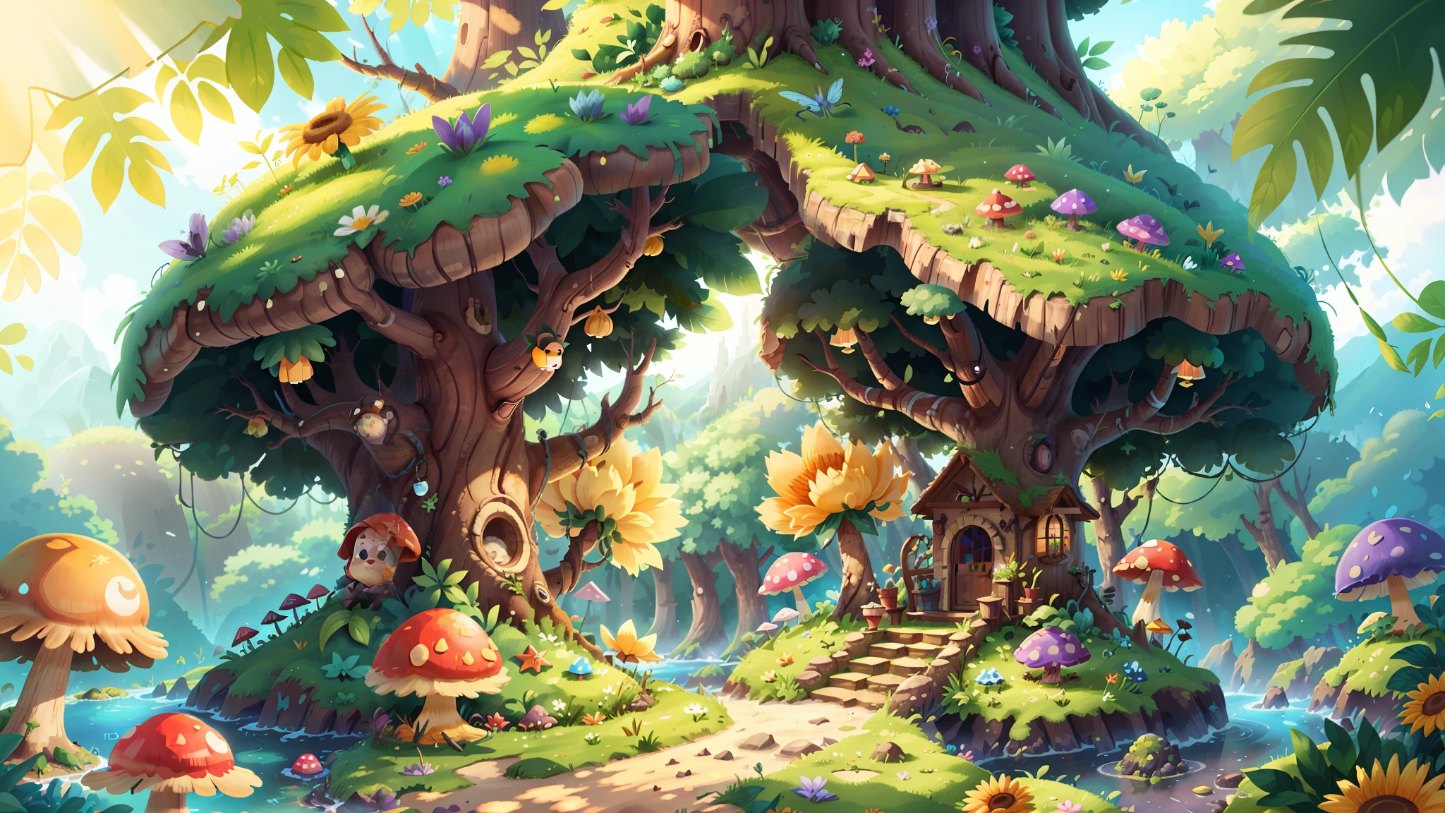 (super wide shot),(Best Masterpiece),8K,Light up the colorful large mushroom forest,Fine matte paint,summer day,beachside,rios,tree house,Sunflower fields,lavender,mountain ranges,mountain peaks,big trees,Densely wooded,The leaves are verdant,The stream is babbling。The visuals are beautiful and beautiful,full of sunlight。