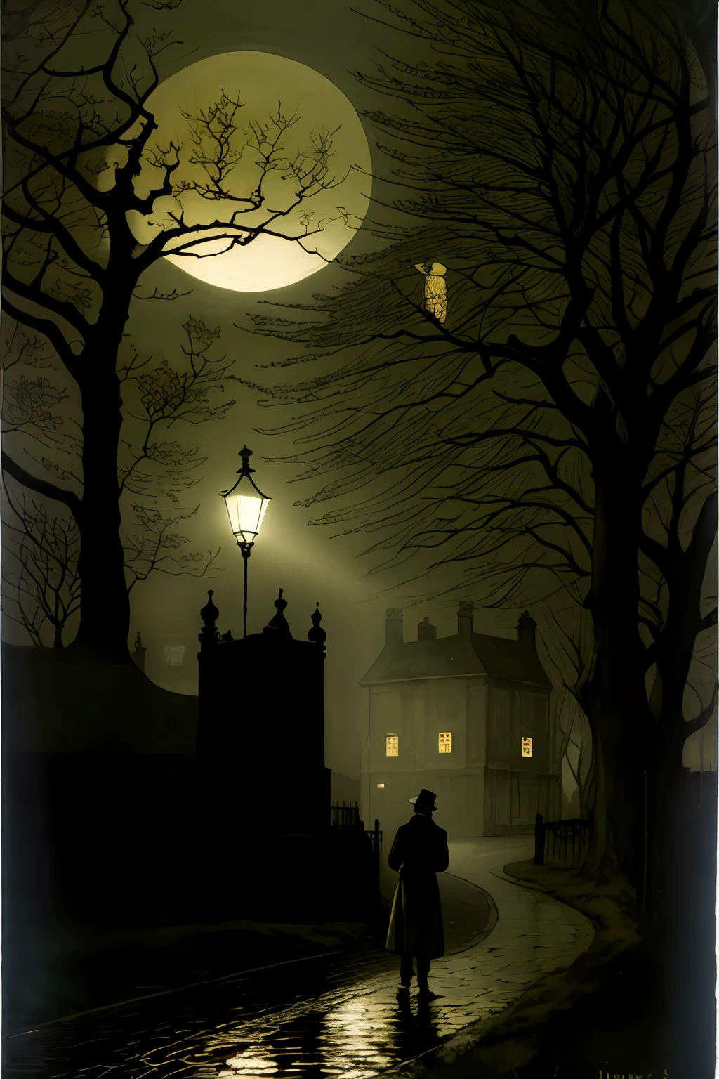 There's a man walking down a path in the dark, inspirado em John Atkinson Grimshaw, Illustration tonality, inspirado em Joseph Wright de Derby, inspirado em Jakub Schikaneder, Directed by: Norman Saunders, arte de fundo, Grimshaw, Directed by: John Atkinson Grimshaw, Estilo de John Atkinson Grimshaw, Directed by: David Inshaw, inspirado por Carl Spitzweg