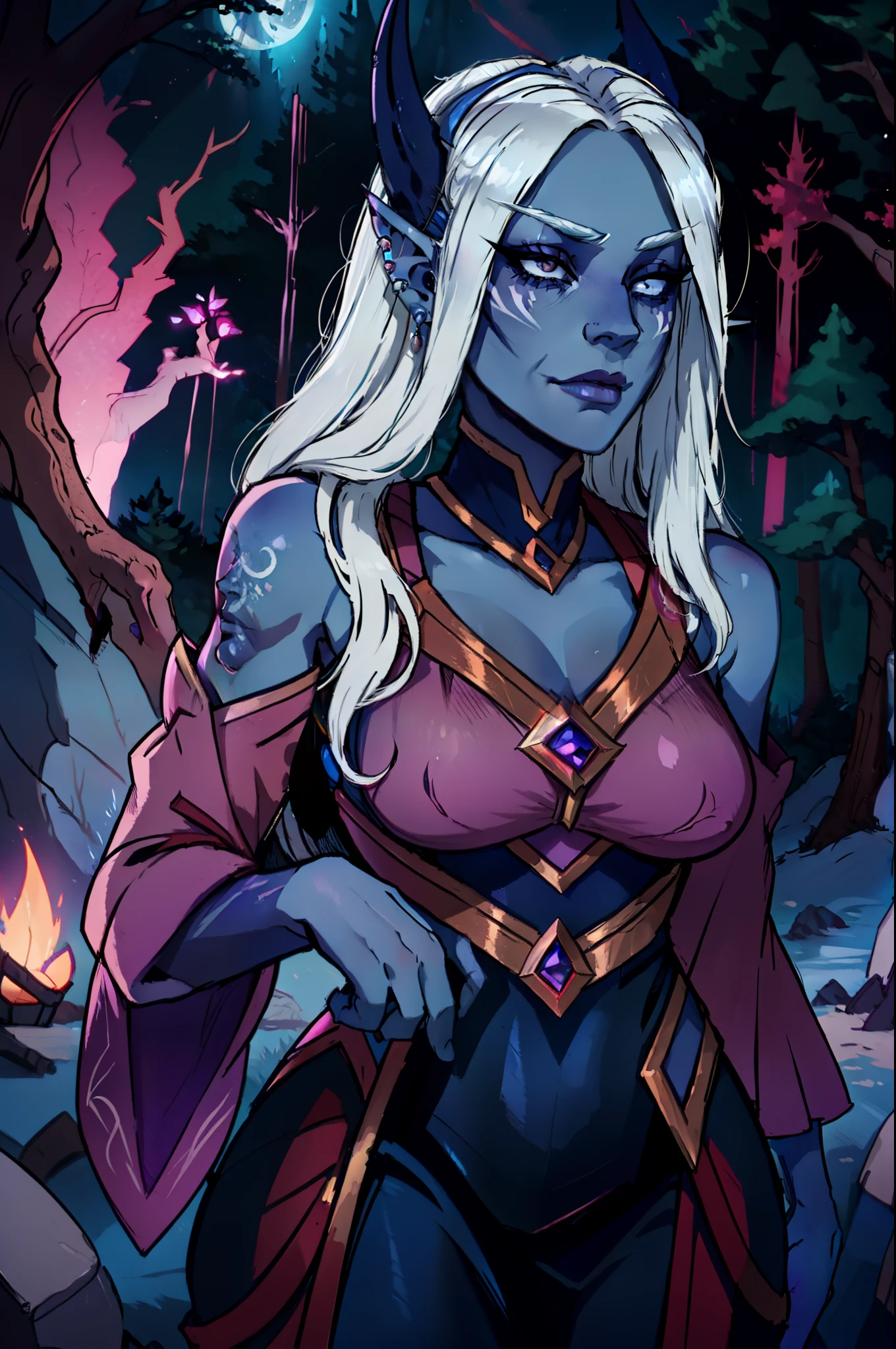 1girl, beautiful shenightborne, dark purple-blue skin, tattoo, facepaint, long white hair, jewels, elf ears, earrings, piercing, red dress, forest, tree, night, dark atmosphere, athletic, volumetric lighting, best quality, masterpiece, realistic, Anatomically correct, master piece, best quality, portrait