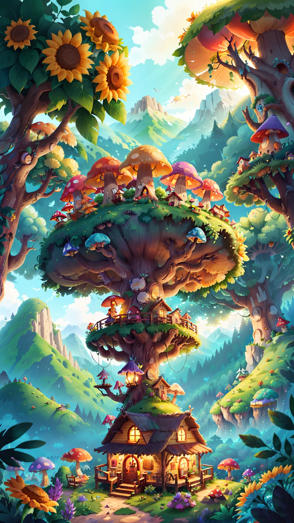Light up the colorful large mushroom forest,Fine matte paint,summer day,beachside,rios,tree house,Sunflower fields,lavender,mountain ranges,mountain peaks,big trees,
