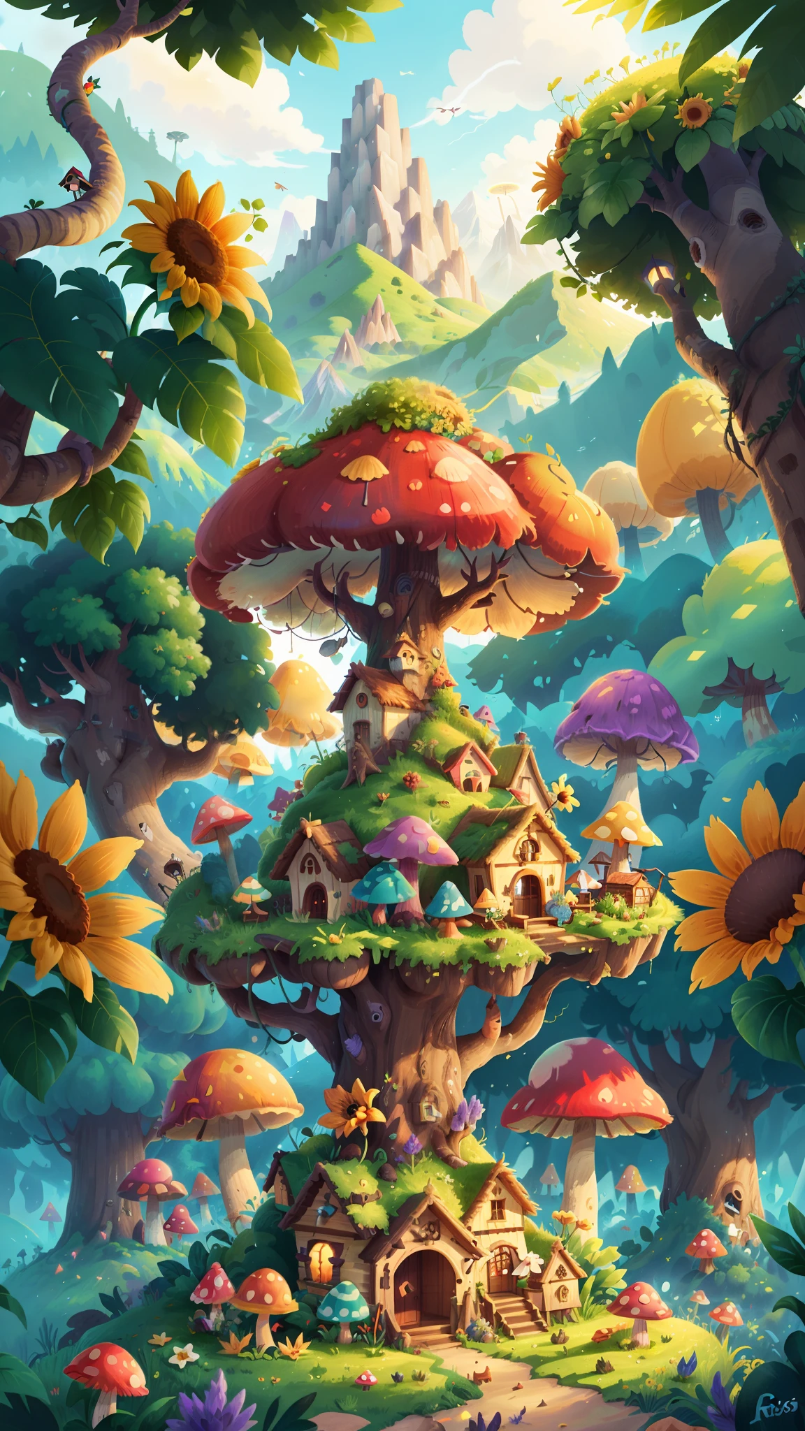Light up the colorful large mushroom forest，Fine matte paint，summer day，beachside，rios，tree house，Sunflower fields，lavender，mountain ranges，mountain peaks，big trees，