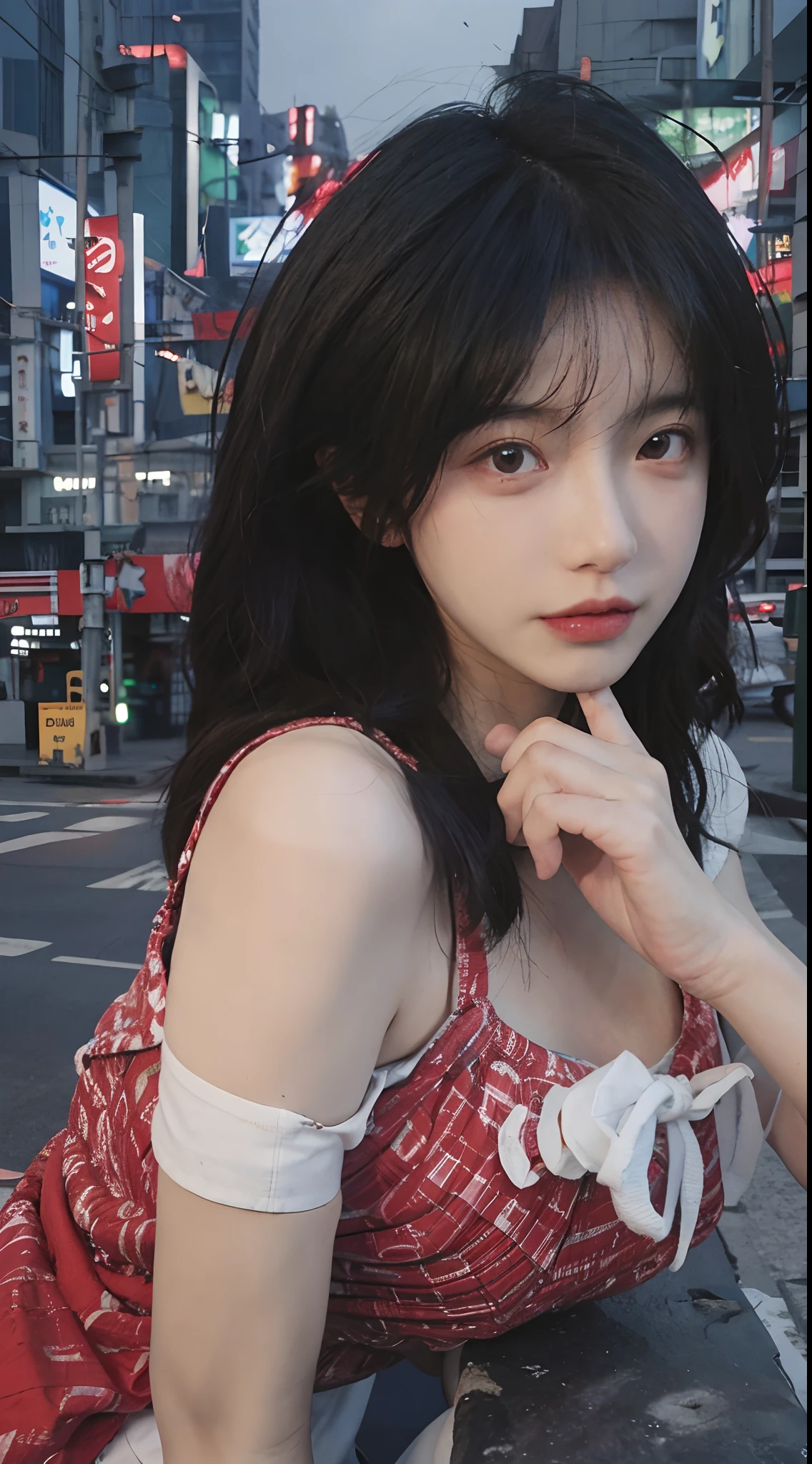 best qualtiy， 超高分辨率， （realisticlying：1.4），2 girls，（natta），（looking at viewert：1.331），（whaite hair），posing on a，Tokyo Street，nightcityscape，Cyberpunk-city，the soft light，1girll，Extremely beautiful face，chest circumference，putdownhands，random hair style，Random expressions，largeeyes，Alvine，（short- sleeved。JK_shirt）， JK_Style， （Red jk erotic dress）， （JK binding）， blend， best qualtiy