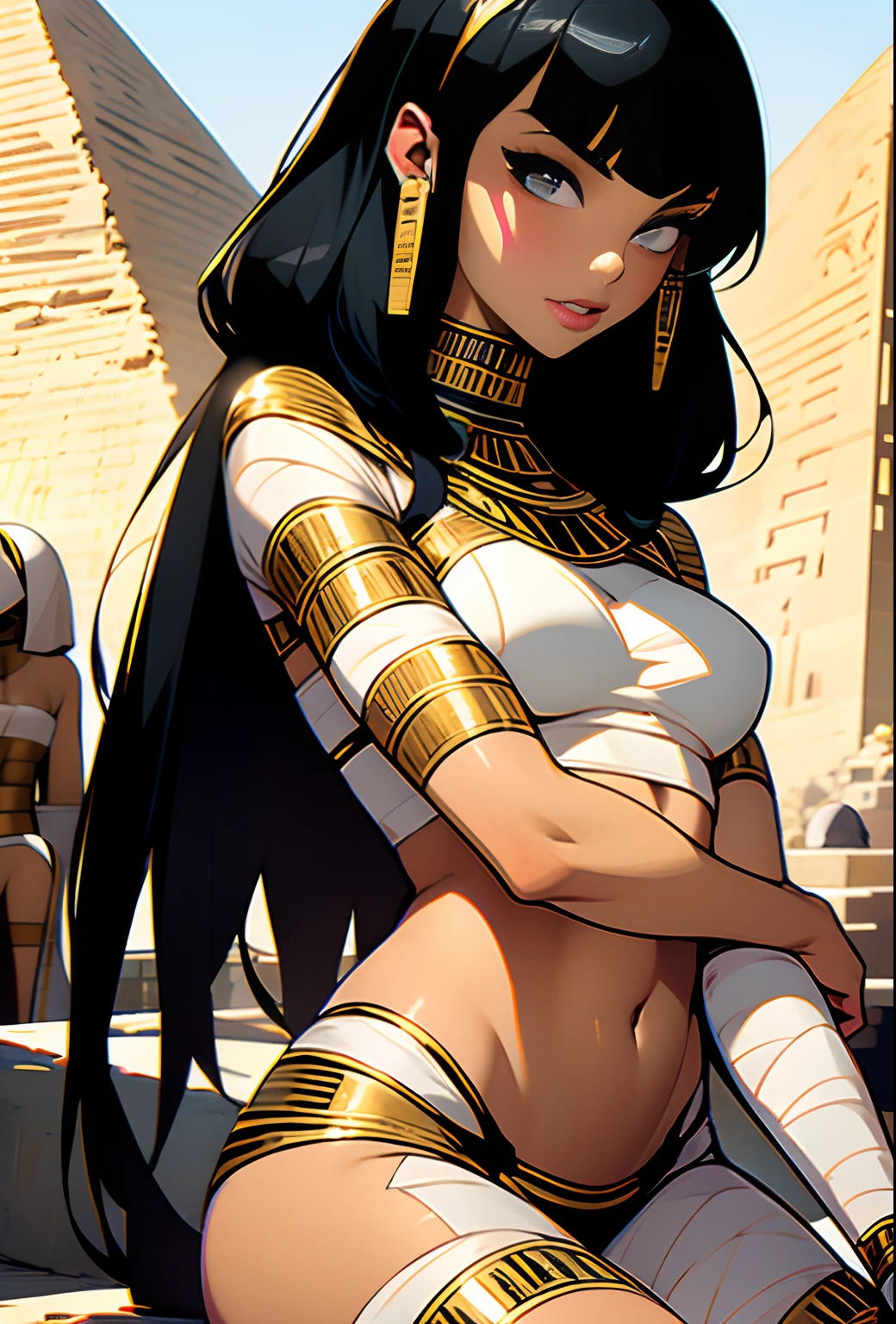 Female mummy, gorgeous face, Cleopatra, all bandaged, breasts bandaged, arms bandaged, belly bare, navel, thighs bandaged, thong tiny, thong torn and tiny, black hair with short bangs on the forehead, Bettie Page, ancient Egypt, pyramids in the background