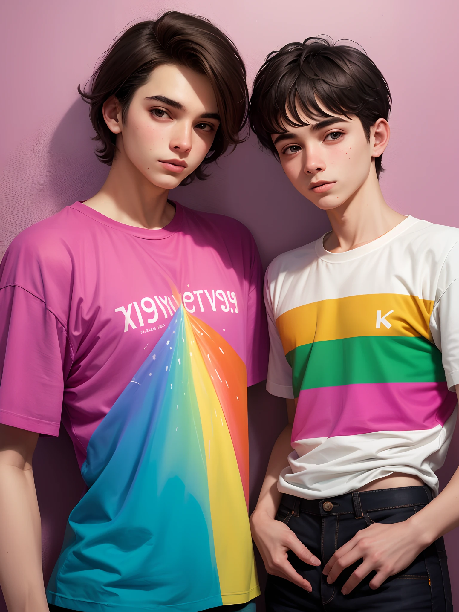 Homem jovem de 19 anos com estilo cartoon 4k. Cute shy cute gay dressed in a rainbow lgbt t-shirt next to her twink boyfriend