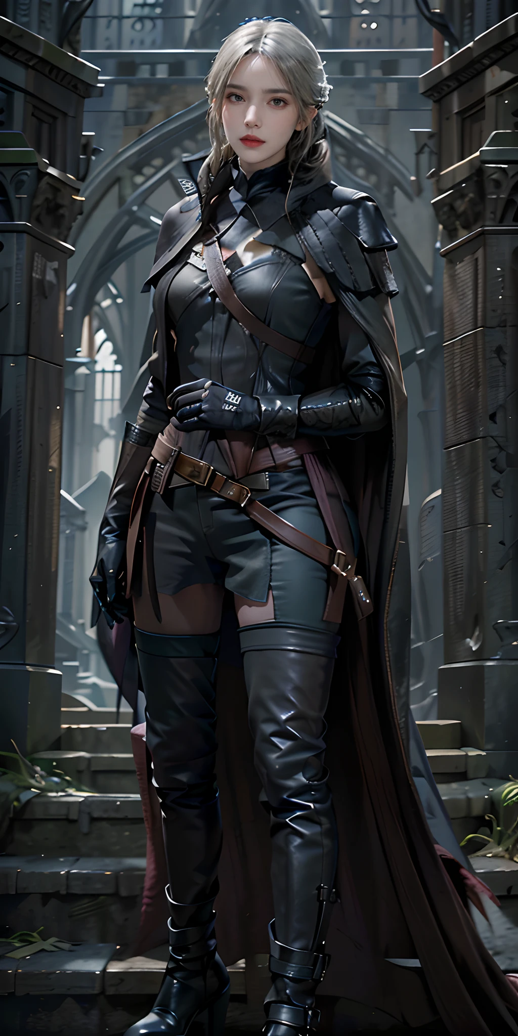 photorealistic, high resolution, soft light,1women, solo, hips up, look at viewer, (detailed face), bangs, edgBB, black gloves, belt, coat, torn clothes, capelet, gauntlets, vambraces, black capelet, hunter (bloodborne), woman wearing edgBB_outfit, outdoors, gothic architecture, jewelry