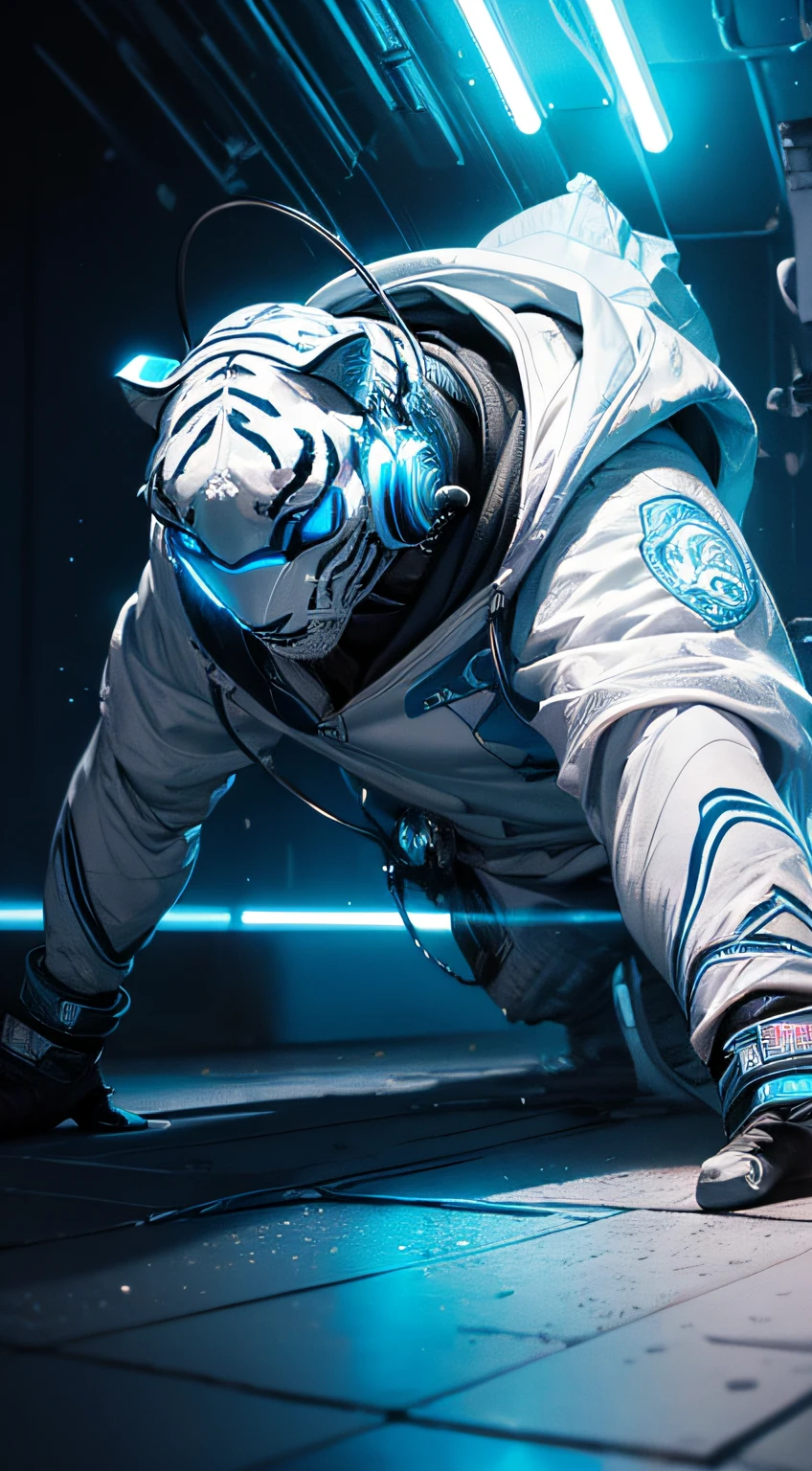 White tiger man, open blue hood, headphones, music notes, (neon lights), (masterpiece), (incredibly colorful), lightning falling on the floor, (ultra high quality), (8K quality), depth of field, ambient lighting, ((soft detail)), rock style, blue lighting effects, (realistic: 1.3), (sharp), futuristic city, multi layers