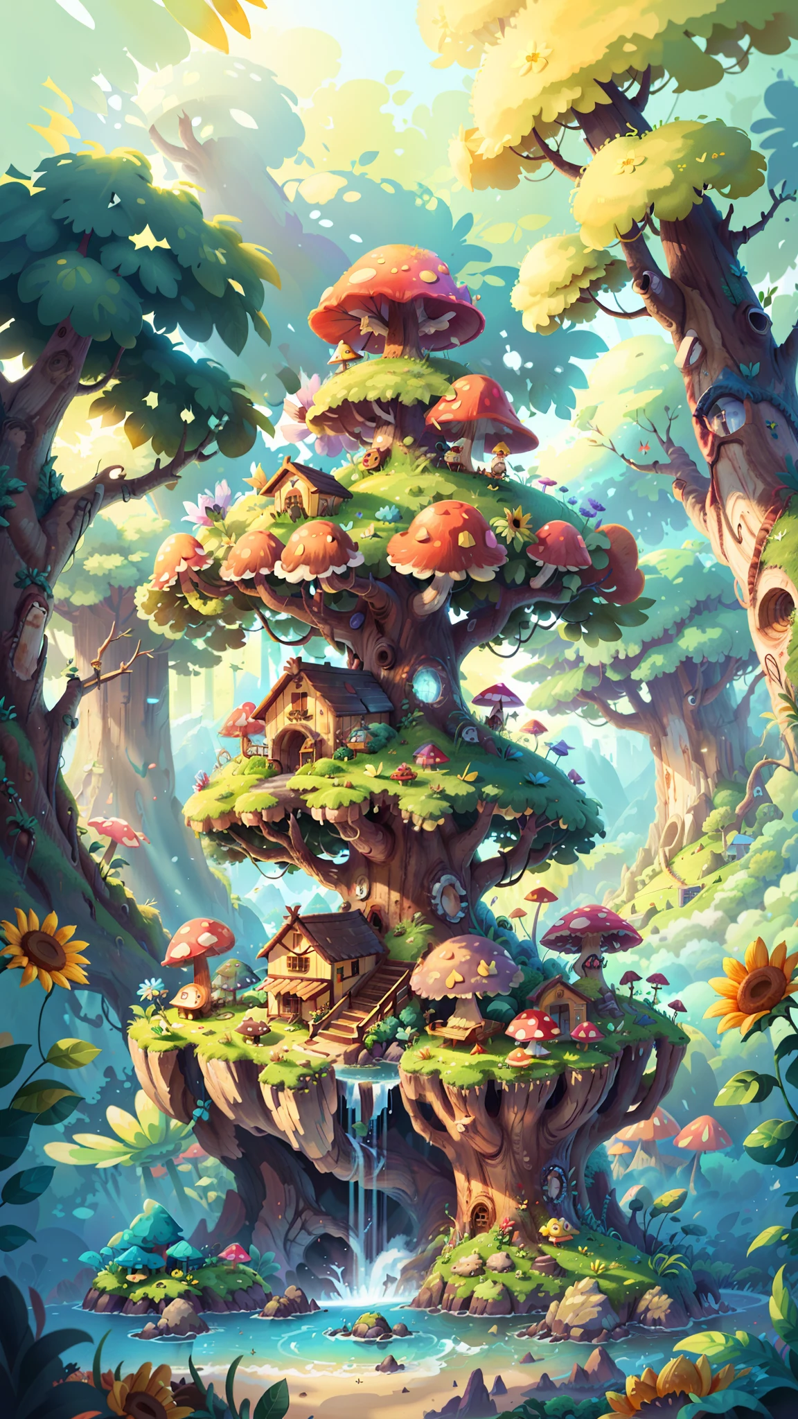 （super wide shot），（Best Masterpiece），8K，Light up the colorful large mushroom forest，Fine matte paint，summer day，beachside，rios，tree house，Sunflower fields，lavender，mountain ranges，mountain peaks，big trees，Densely wooded，The leaves are verdant，The stream is babbling。The visuals are beautiful and beautiful，full of sunlight。