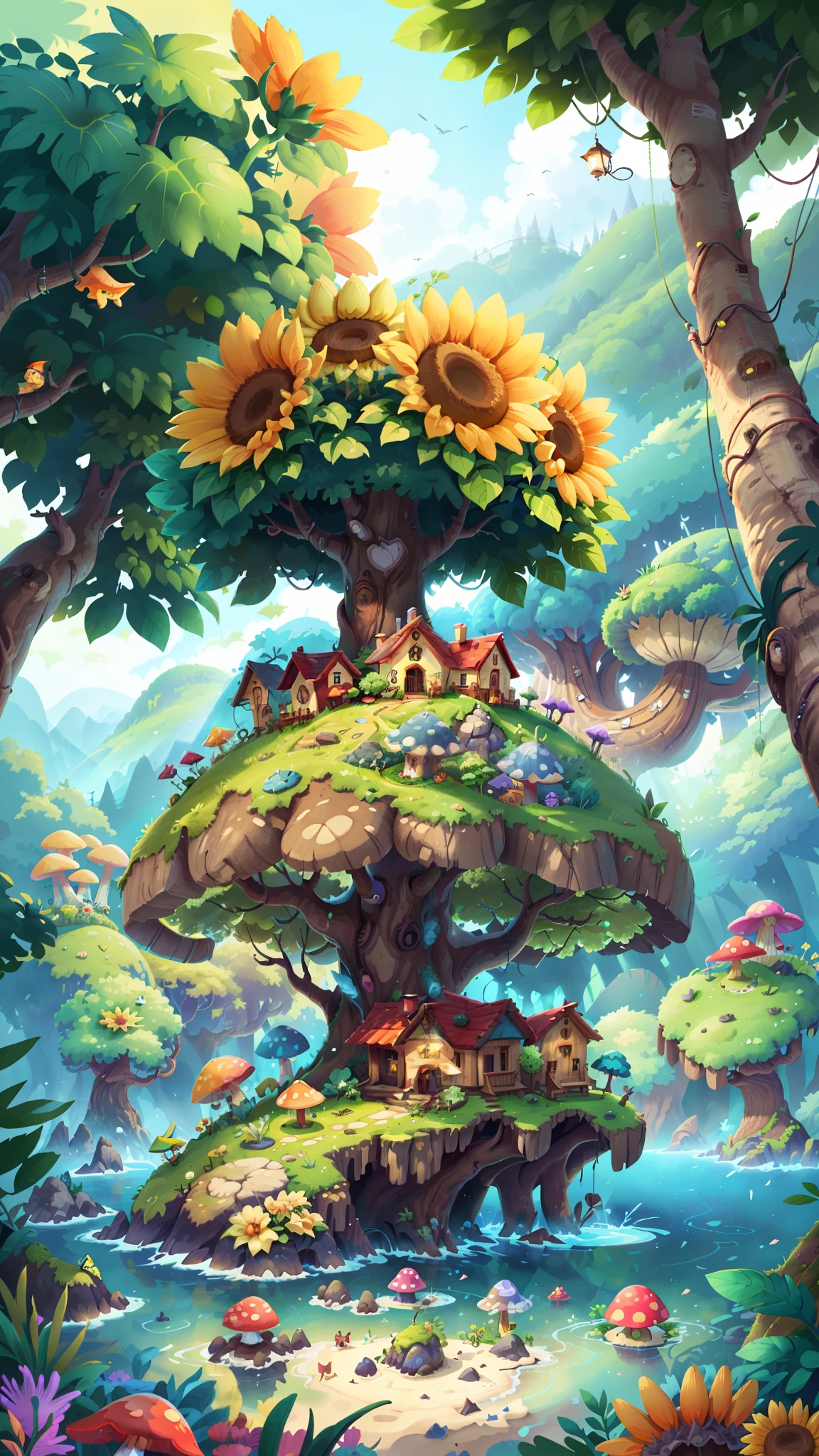 (super wide shot),(Best Masterpiece),8K,Light up the colorful large mushroom forest,Fine matte paint,summer day,beachside,rios,tree house,Sunflower fields,lavender,mountain ranges,mountain peaks,big trees,Densely wooded,The leaves are verdant,The stream is babbling。The visuals are beautiful and beautiful,full of sunlight。