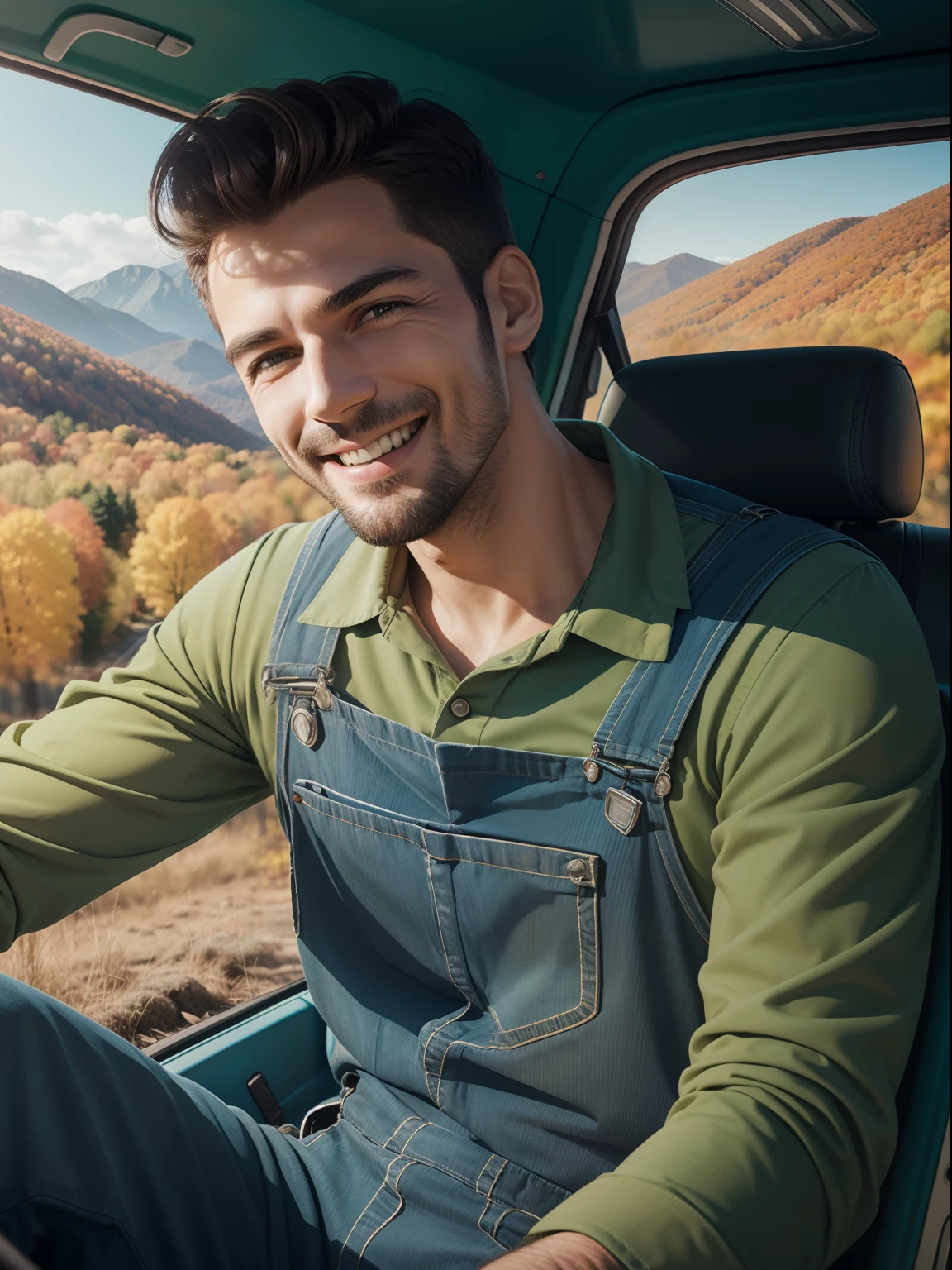 paisagem, qualidade obra prima, Mechanical man smiling in blue overalls and green shirt, autumn afternoon fall scenario, soft, natural lighting, Vehicle background with open vehicle hood smoothly blurred.