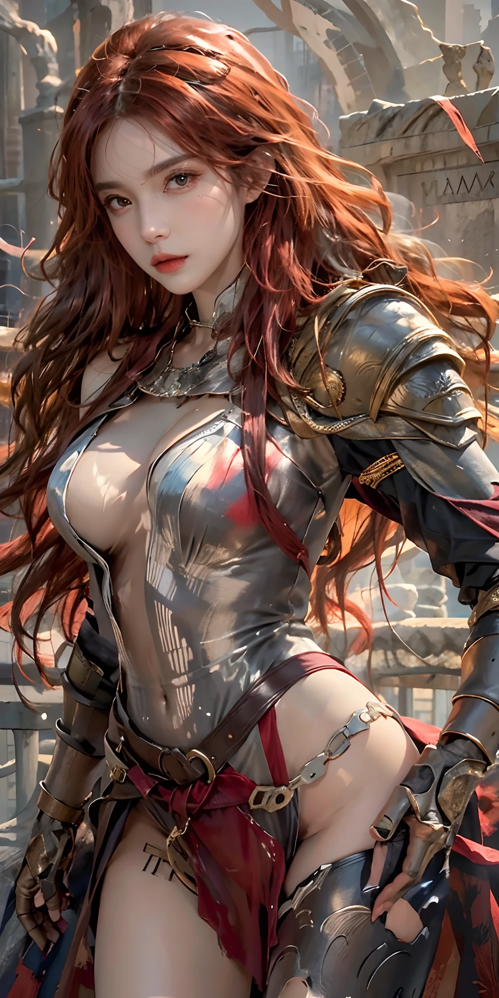 photorealistic, high resolution, soft light,1women, solo, hips up, look at viewer, (detailed face), long hair, red hair, malenia /elden rings, wearing clothes, fully clothed, armor, jewelry