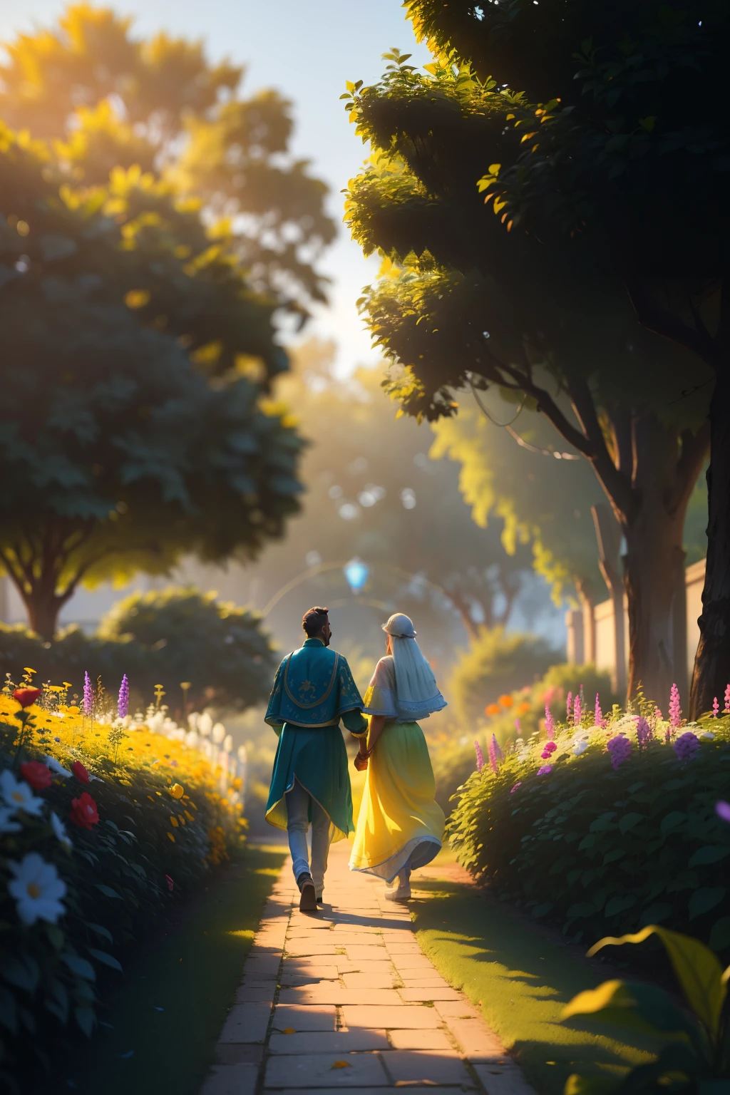 uma festa de amigos com vestes hindus em um jardim florido e colorido (jardim) (dia claro e aconchegante ao fundo da imagem:1.1) Tracing of volumetric haze rays z pass bright light, (obra-prima) (melhor qualidade) (detalhado) (8k) (cinematic lighthing) (foco nítido) (intrincado)
