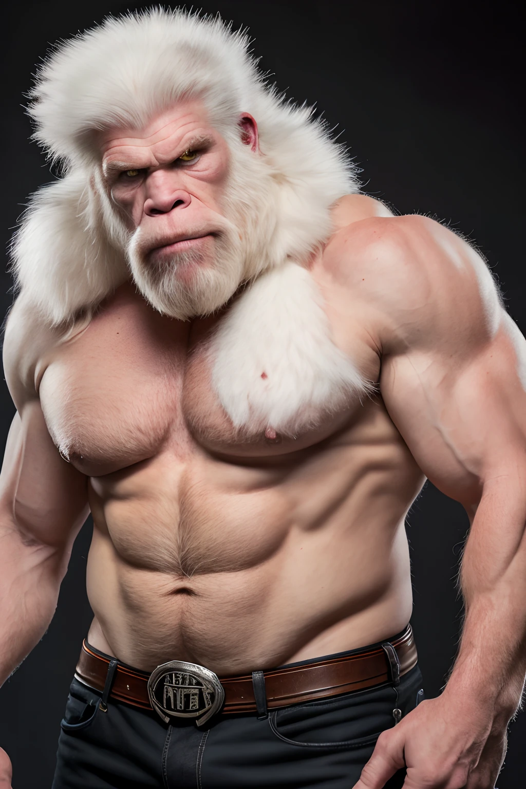 Create a hyper-realistic ((full body shot)) representation of Ron Perlman characterized as Monkian, the character from the ThunderCats. Highlight Monkian distinctive skin in detail and capture Ron Perlman's signature facial features while maintaining his authenticity, ((white fur)) and simian characteristics