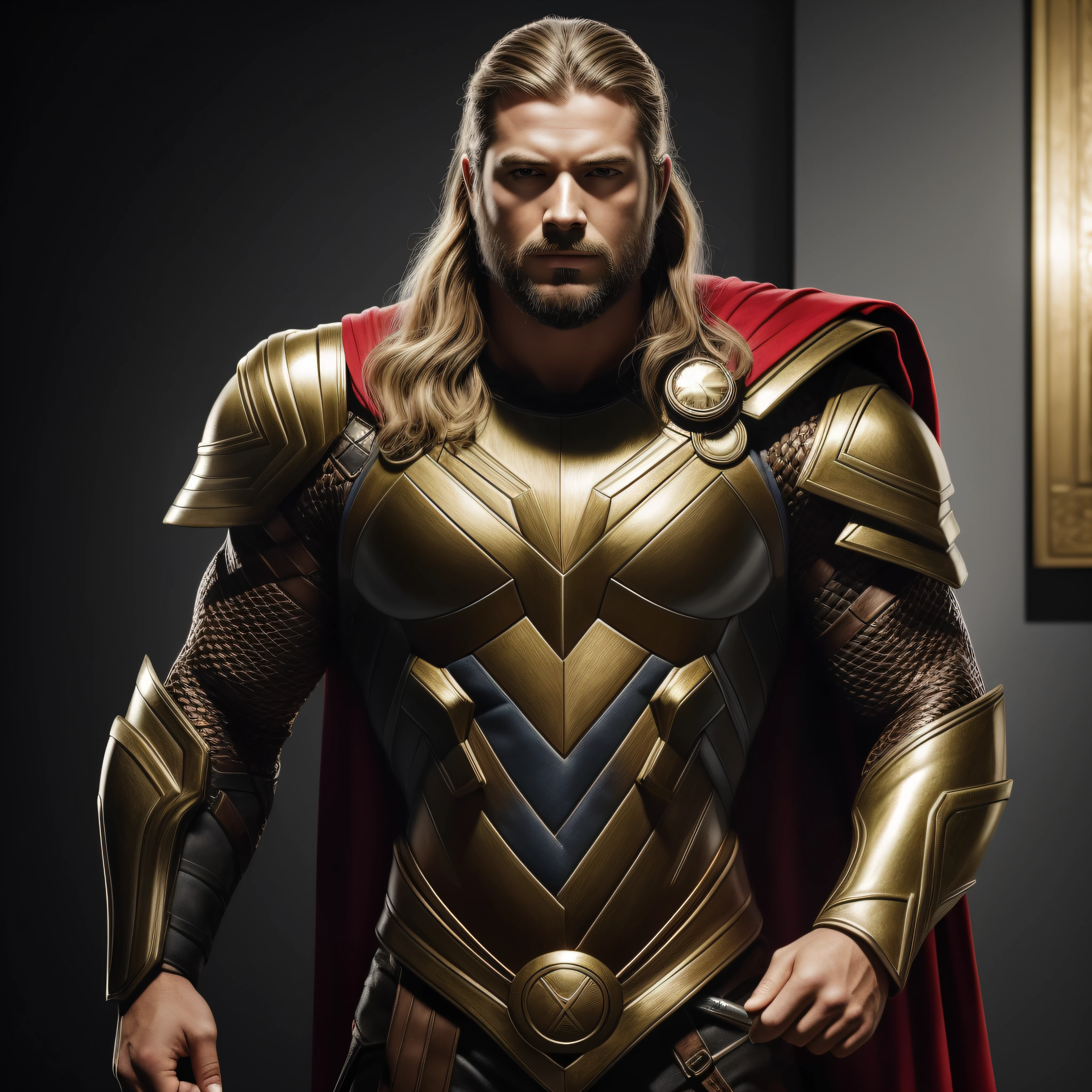 realista, (obra-prima, qualidade superior, melhor qualidade, beautiful and aesthetic: 1.2), extremamente detalhada, mais alto detalhado, Thor segurando martelo com armadura de ouro, masculino, refletindo luzes, cinematic lighthing, ouro, aura celestial, raios, photorealism, hiper realismo, reflexos, raios ao fundo, 50 anos de idade
