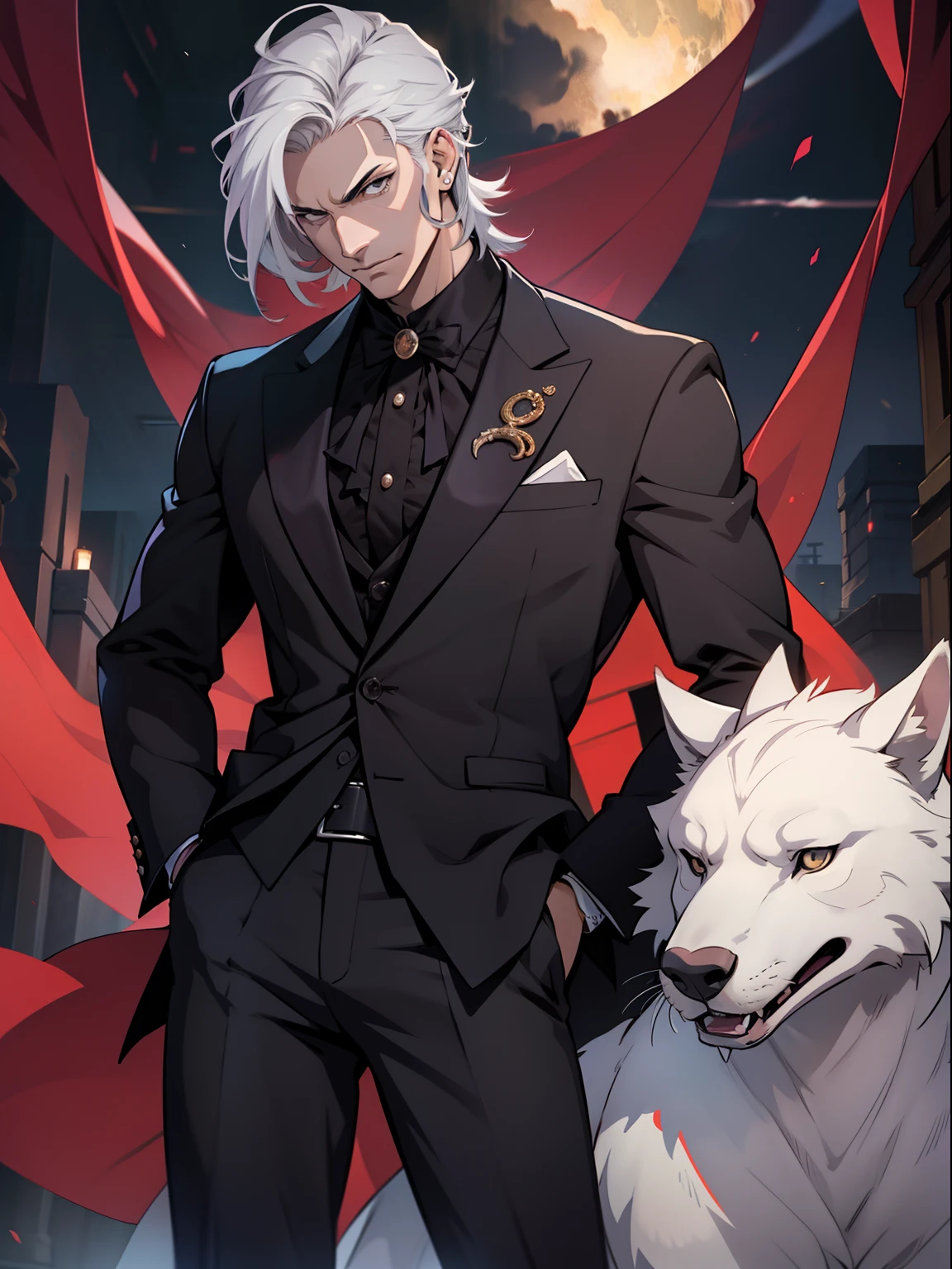 A unique character, with villain characteristics, joven alto, ropa formal, elegante, cabello color plateado, Ceria expression, que imponga respeto, anime, estilizado, detallado, alta calidad.