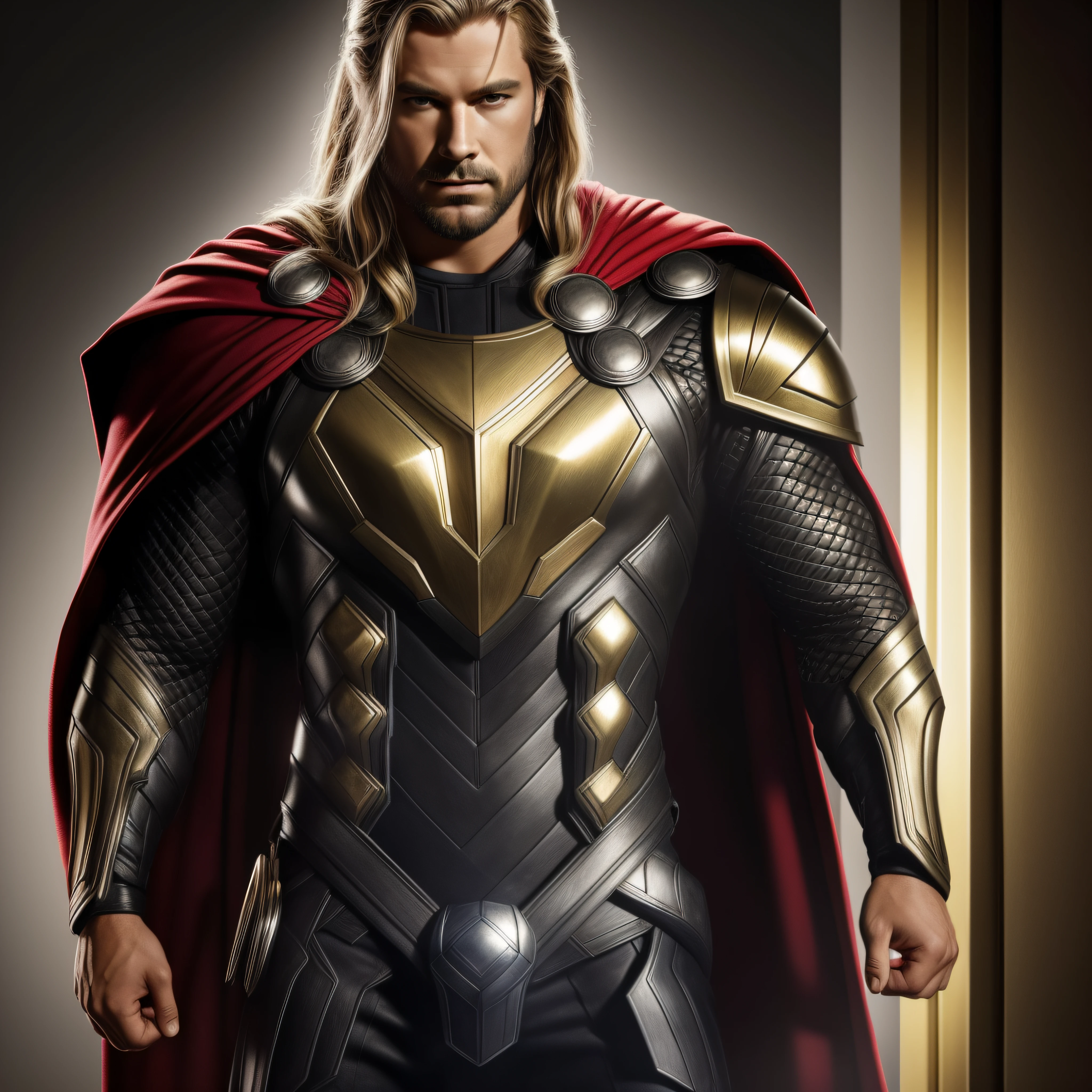realista, (obra-prima, qualidade superior, melhor qualidade, beautiful and aesthetic: 1.2), extremamente detalhada, mais alto detalhado, Thor segurando martelo com armadura de ouro, masculino, refletindo luzes, cinematic lighthing, ouro, aura celestial, raios, photorealism, hiper realismo, reflexos, raios ao fundo, 50 anos de idade