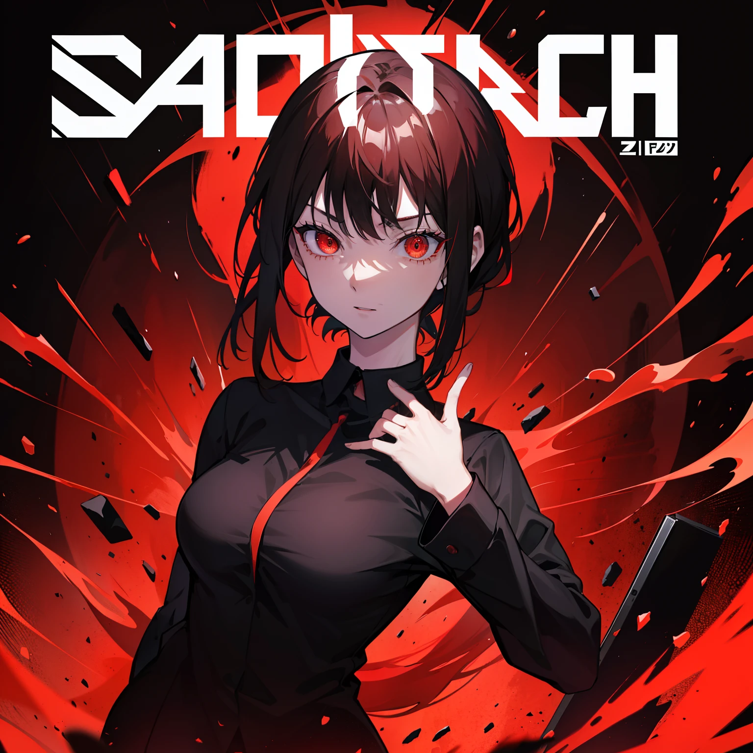 1girl, short black hair, red eyes, wearing black simple clothing, absurdres, high res, ultrasharp, 8K, masterpiece, looking at viewer, film poster featuring a young woman as the central character. She stands confidently in the center of the poster, with a determined expression on her face. The background is dark and gritty, with a sense of danger and intensity. The color palette is mainly dark with splashes red, giving the poster a dynamic and visually striking appearance,tachi-e (magazine:1.3), (cover-style:1.3), fashionable, woman, vibrant, outfit, posing, front, colorful, dynamic, background, elements, confident, expression, holding, statement, accessory, majestic, coiled, around, touch, scene, text, cover, bold, attention-grabbing, title, stylish, catchy, headline, larger, striking, modern, trendy, focus, fashion,