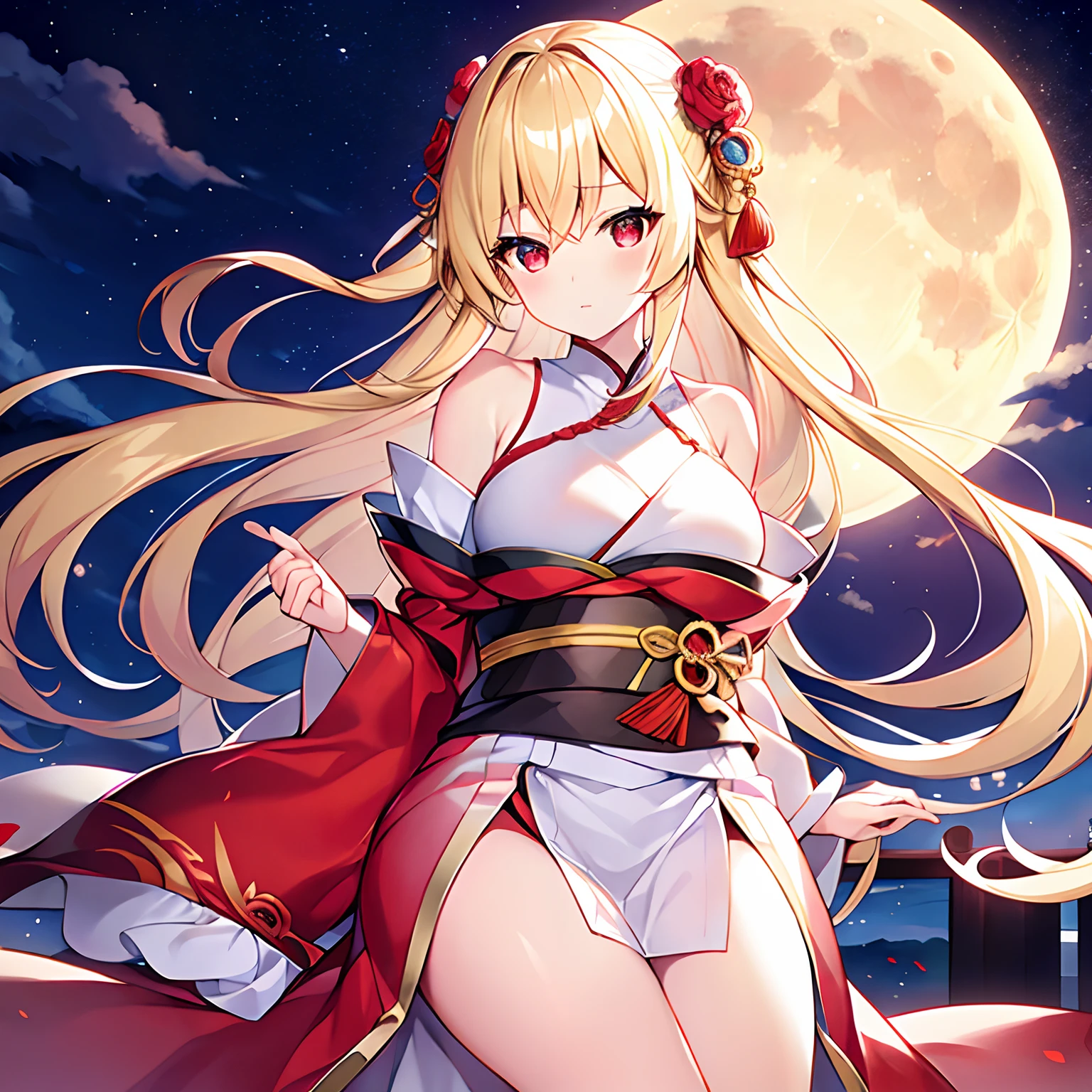 a blond、red eyes、Beautiful girl alone、独奏、animesque、Kimono、Shoulders are protruding、A sexy、Midnight、a moon、