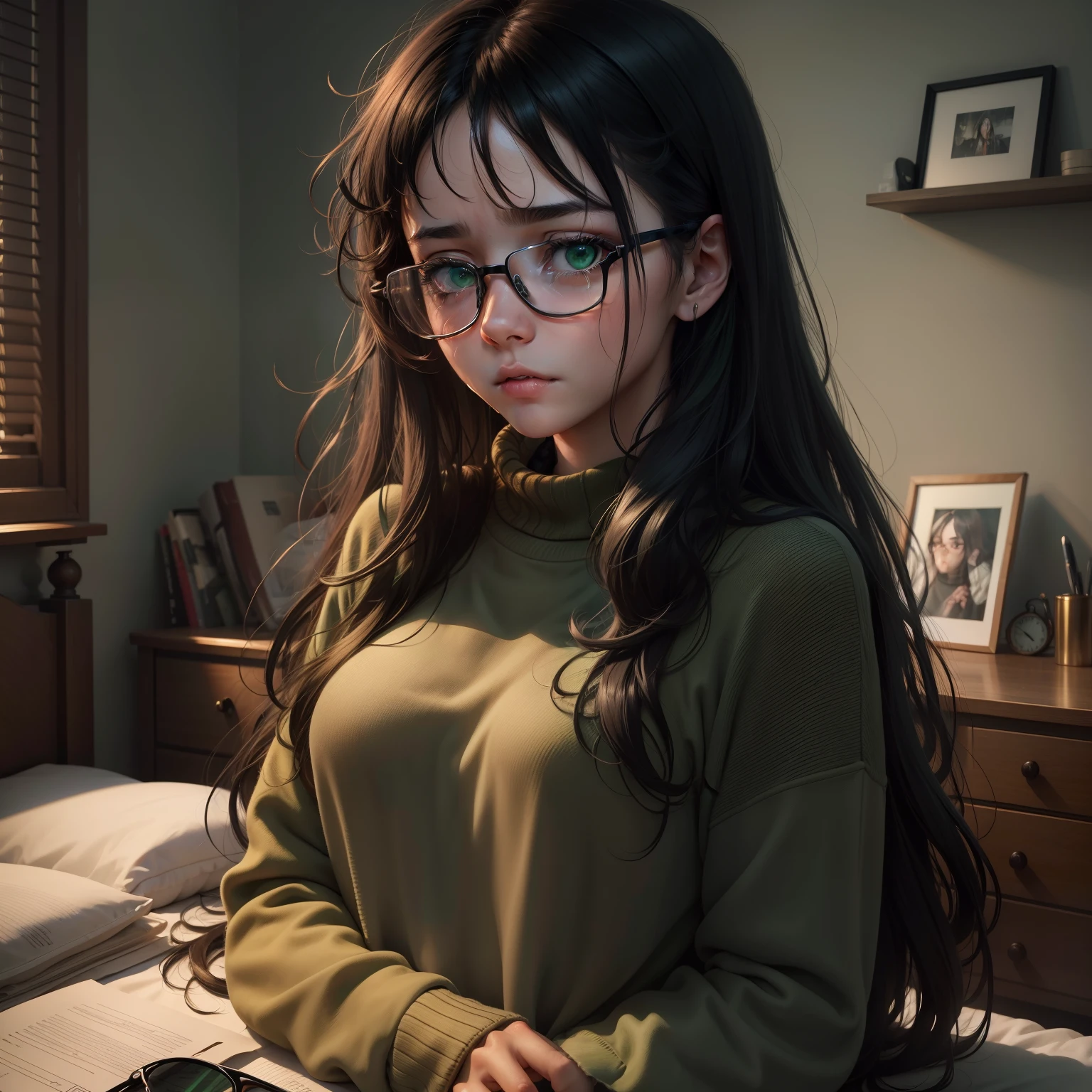 Best quality, masterpiece, ultra high res, 8k, 1girl, (sad expression), (dark green eyes), tired, melancholy, depressed, crying, detailed black hair, messy hair, long hair, sweater, (wearing glasses), messy bedroom, messy bed