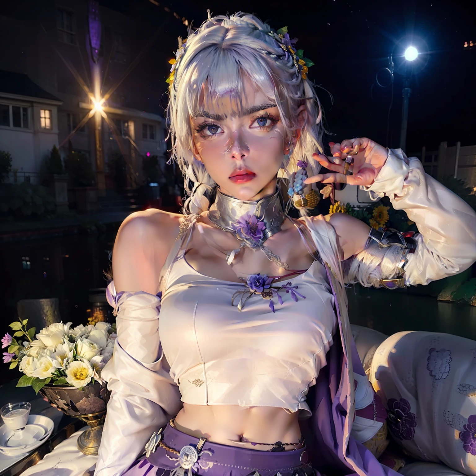 realistic, 1girl, white hair, purple eyes, glowing eyes, crop top, skirt, parted lips, blush, night, flowers, sun, sunlight,