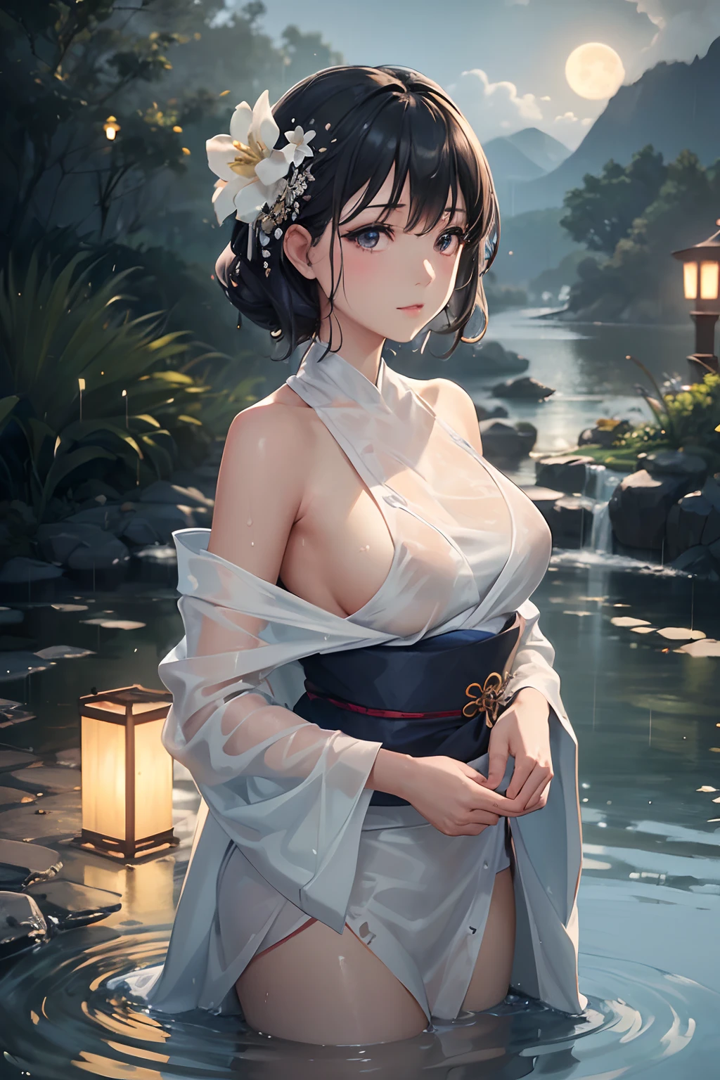 1girl, breasts, moon, lantern, night, solo, medium breasts, hair ornament, wet, silk kimono, wading, water, hair flower, flower, outdoors, sky, full moon, rain, black hair, off shoulder, mountain, cloud, holding, sash, bare shoulders, paper lantern, standing, white kimono, night sky, sideboob, obi, wet clothes, bangs, tree, from side, reflection, short hair, cloudy sky, wet hair (((masterpiece),(extremely detailed CG unity 8k wallpaper),best quality,,solo,1girl,cinematic lighting,detailed background,beautiful detailed eyes,bright pupils, (an extremely delicate and beautiful),(Beautiful and detailed eye description), (ultra-detailed, (masterpiece)),