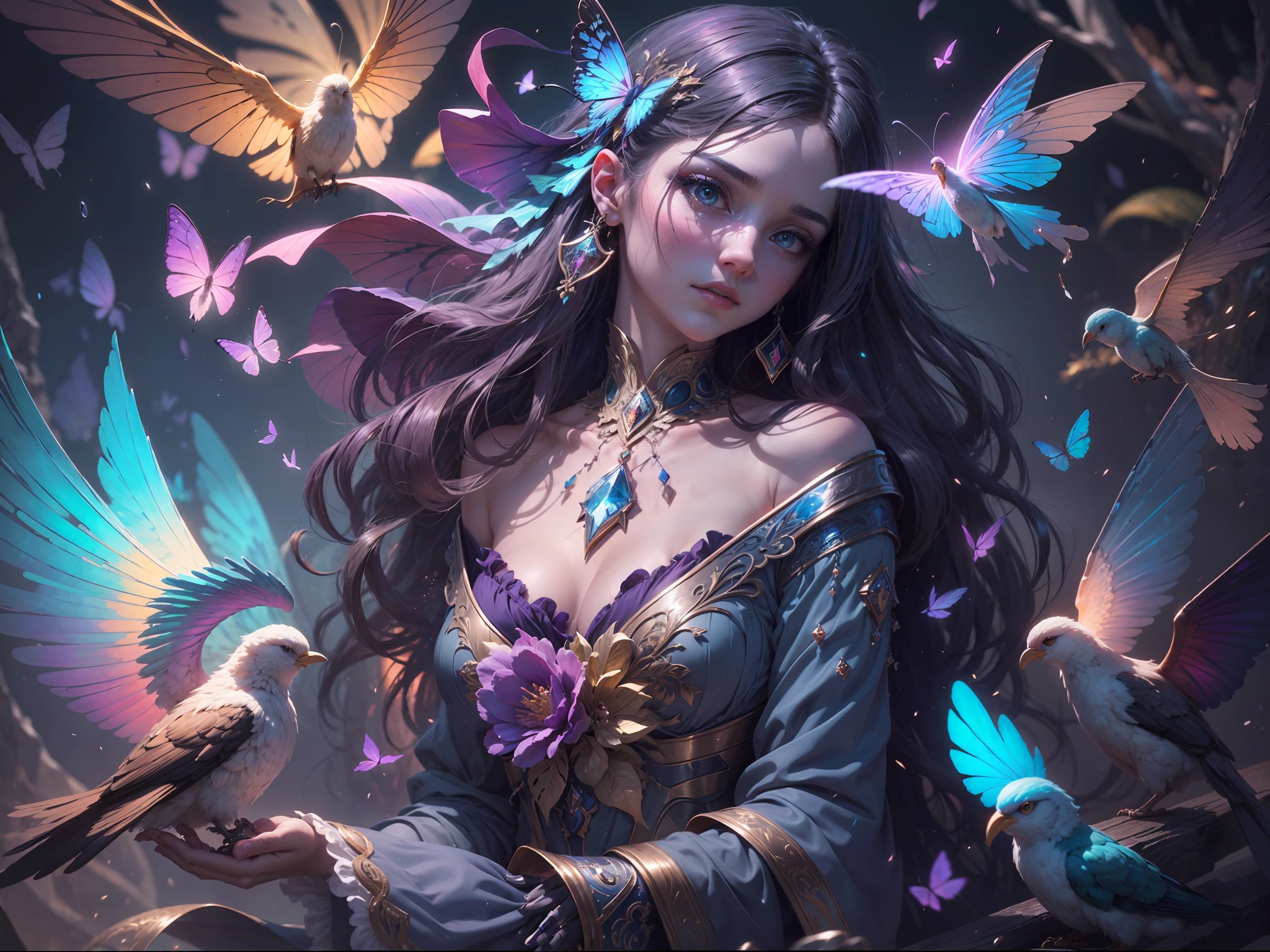 (((masterpiece))), (((best quality))), ((ultra-detailed)),(highly detailed CG illustration), ((extremely delicate and beautiful)) Create a stunning fantasy artwork that mimics the style of currently trending masters of the genre. The art piece should contain elements of both mythic fantasy and fairytale fantasy with (watercolor accents in shades of blue, pink, and purple). Generate a delicate but strong figure with an aura of mystery and magic and stunningly realistic eyes. The character should be petite with subtle breasts. Pay close attention to intricate facial features, such as mesmerizing eyes with vibrant colors and delicate shading. The character's clothing should be designed with gossamer feathers, silk, stunning embroidery, and subtle iridescent details. Incorporate vibrant colors, dynamic lighting, and detailed background elements to create a sense of awe and immersion. Include colorful flying magical birds and jewel-toned butterflies radiating a magical aura. Consider the latest trends in fantasy art, such as incorporating unique lighting effects, exploring dynamic and compelling composition techniques, and experimenting with unique color palettes. Take inspiration from the top artists on ArtStation and Midjourney. Camera: Choose an angle that highlights the character's beauty and enhances the magical majesty of the artwork. Lighting: Utilize atmospheric lighting techniques to create depth and mood. Resolution: Aim for a high-resolution artwork to showcase intricate details and clarity. Art Inspirations: Seek inspiration from the trending artists on ArtStation, exploring different styles, genres, and themes.