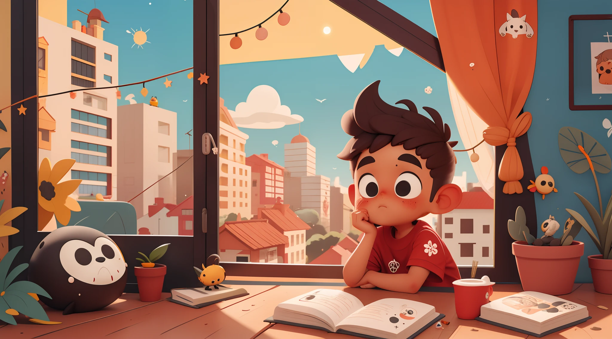 Um Menino, cabelo lisos, cabelo pequeno, pouco volume, corte pequeno, castanhos com franja, sozinho, no one, only him, Pescador, pele escura, 8 anos, magro, Baixo, triste, sad countenance wearing a red jumpsuit and sneakers, Looking at some buildings in the distance, through a window in your home, escorado na janela, no one, sozinho, Olhando para o horizonte, triste, sun sunset, cidade moderna, no one, lone, no one, with spiders from the big sky, cidade moderna, local ao ar livre. foco no garoto, foco nítido, cabelo detalhado, rosto detalhado, fundo altamente detalhado, Chibli, designer de livro infantil.