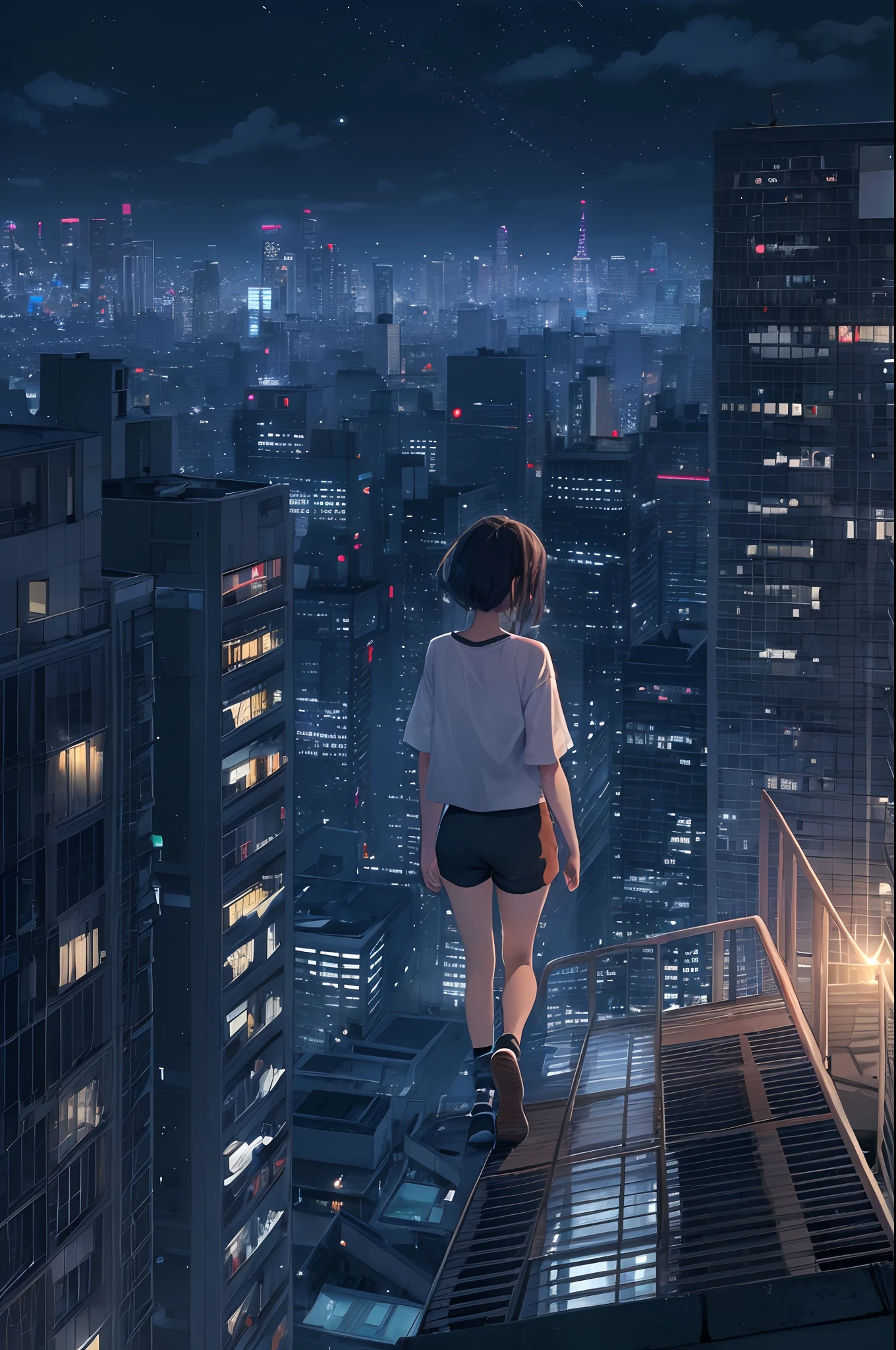 A girl walks on the edge of the rooftop of a high-rise apartment building in a big city with a beautiful night sky at midnight、While wearing a t-shirt and shorts、Loneliness and despair overwhelm my heart。stele々While shining cold、Her presence reflects the isolation and alienation of the city.、Deep sorrow fills the air