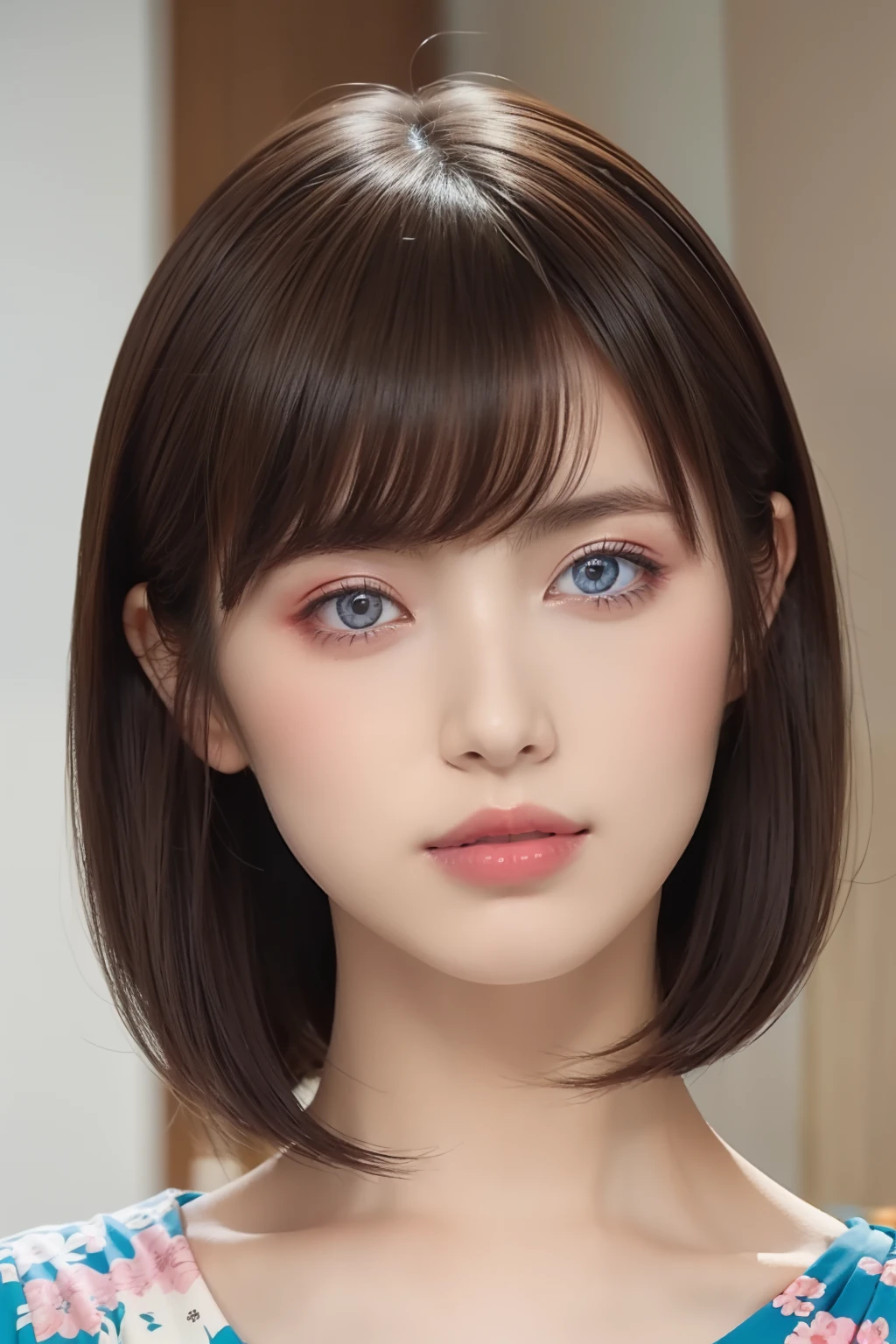 The color of the clothing should be light blue with a floral pattern.