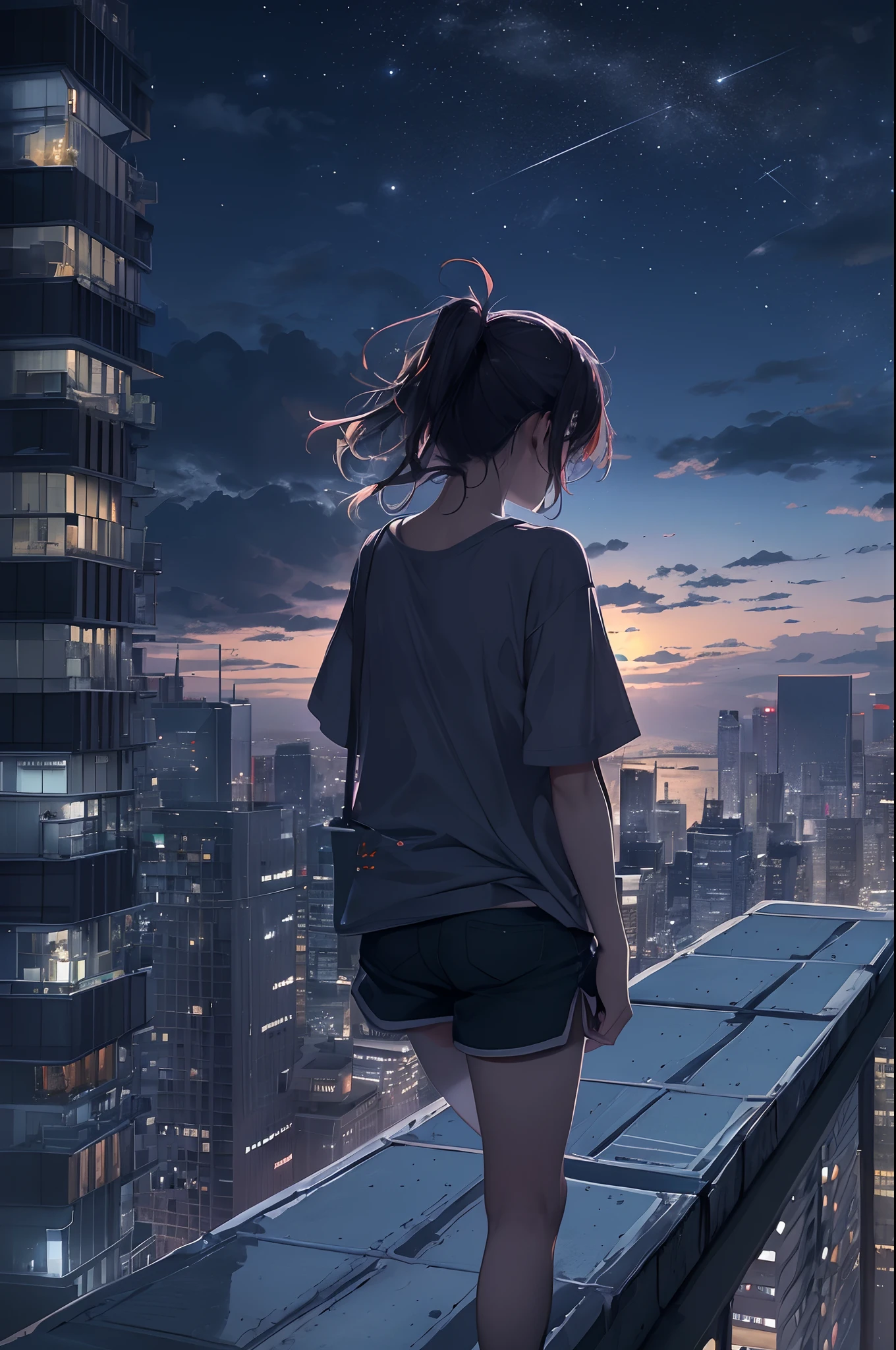 A teenage girl walks on the edge of the rooftop of a high-rise apartment building in a big city with a beautiful night sky at midnight、While wearing a t-shirt and shorts、Loneliness and despair overwhelm my heart。stele々While shining cold、Her presence reflects the isolation and alienation of the city.、Deep sorrow fills the air