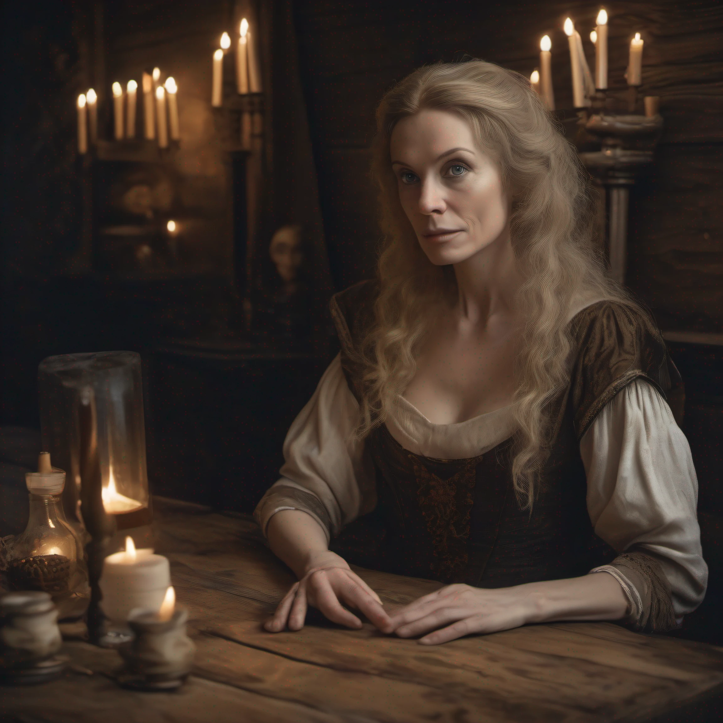 Forty-year-old woman, Calm, wrinkles, stands next to the table, Long Dress, The mantle of the magician, Honey hair, pale face, European face, big eyes, large facial features, fantasy style, Middle Ages, Dark tones, low key light, The Dark Middle Ages, Wooden walls