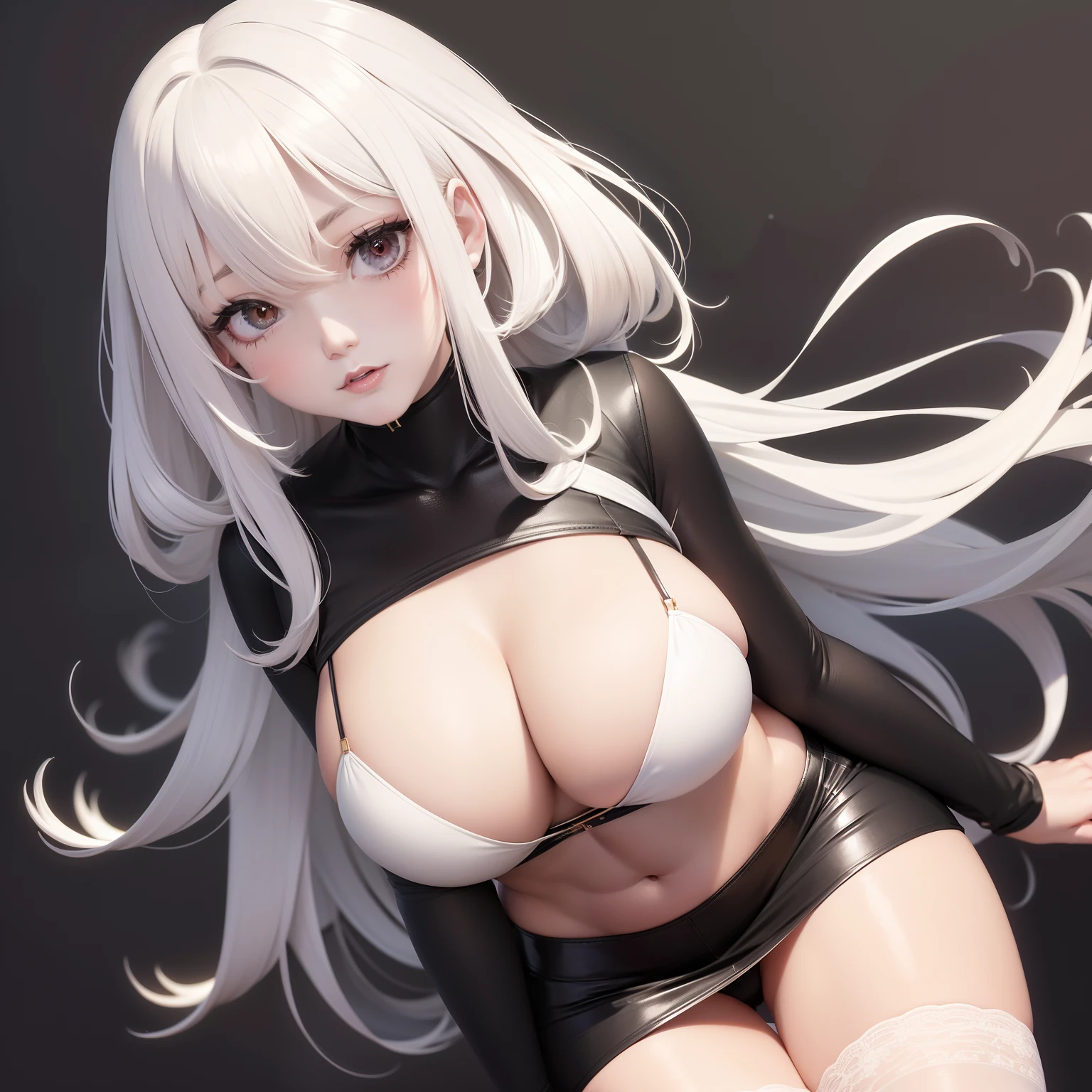 high image, super detail, high resolution, anime, manga, illustration, black knee high socks, thighs, tight knit skirt, oversized outerwear, speed line, beautiful woman, adult face, make up, ecstatic expression, amorous expression, seductive look, flowing layered messy white medium hair, sparkling sharp big gold eyes, medium breasts, under boob, side boob, great proportion, perfect proportion, slender, full body