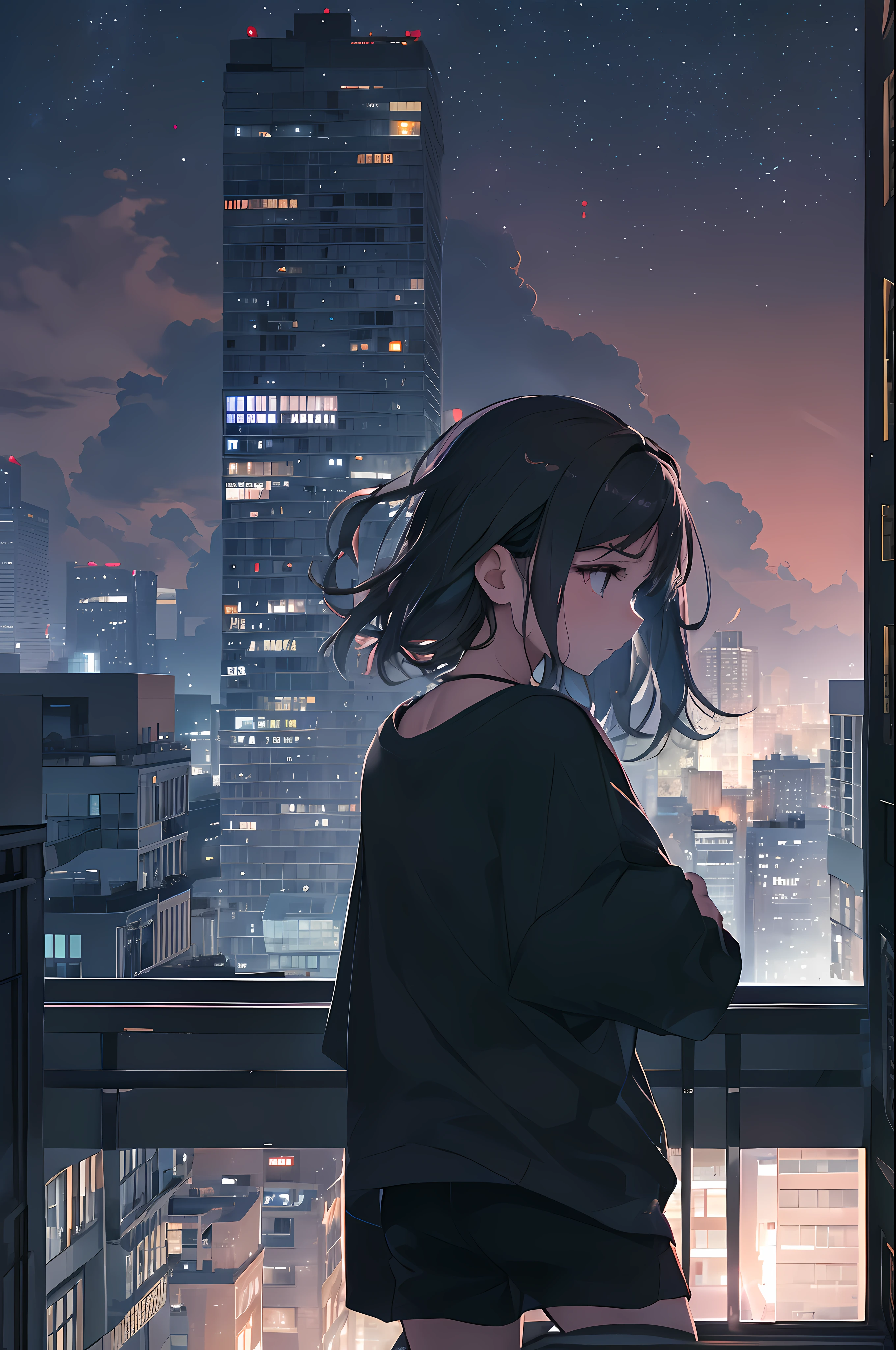 A teenage girl walks on the edge of the rooftop of a high-rise apartment building in a big city with a beautiful night sky at midnight、While wearing a t-shirt and shorts、Loneliness and despair overwhelm my heart。stele々While shining cold、Her presence reflects the isolation and alienation of the city.、Deep sorrow fills the air