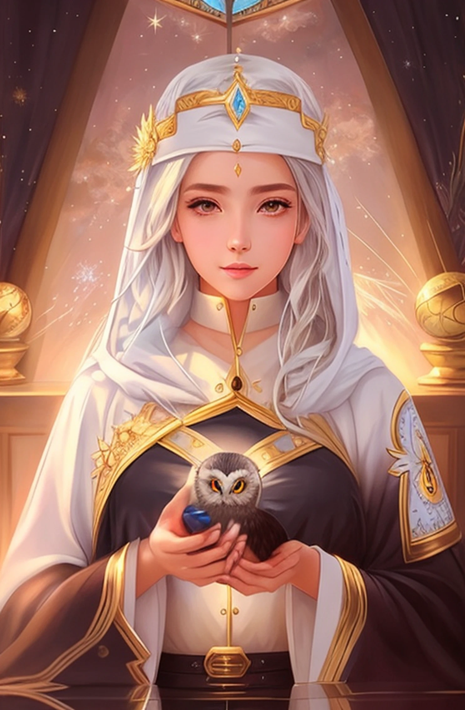 Anime girl with an owl in her hands, Mago Celestial Lindo, Retrato de um mago feminino, Retrato de um Mago, estilo de arte de fantasia, Artgerm. anime illustration, Modelo IG | Artgerm, mago bonito, feiticeira bonita, ! arte dos sonhos, uma bela feiticeira, uma mulher segurando um orbe, Retrato de uma feiticeira