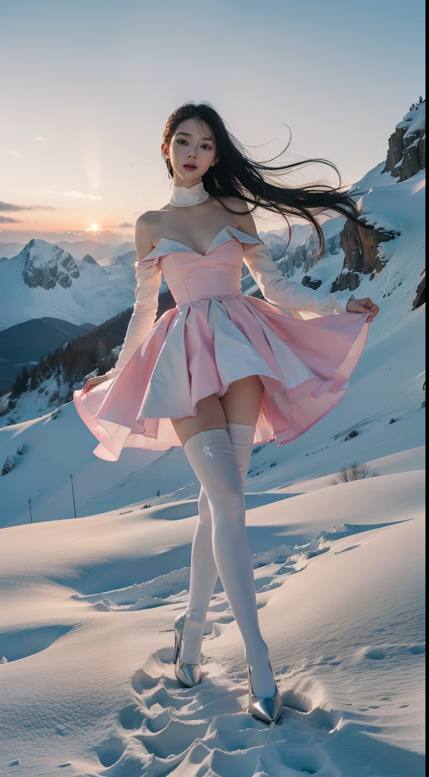 (full body:1.5)， (Polished pointed toe stockings heels:1.2), (Dance on top of snowy mountains:1.2),(In pink|amarelo|blue colors|green color|red colour|white colors|black in color|purpleish color|greys|Beige|Flesh color 1.4)，(Accurate and perfect face:1.2)，Dressed in Star stripe  dress women's clothing,A shallow laugh,,hyper HD, Ray traching, reflective light，structurally correct, Award-Awarded, high detal, lightand shade contrast, Face lighting，cinmatic lighting, tmasterpiece, super detailing, high high quality, high detal, best qualityer, 16k，