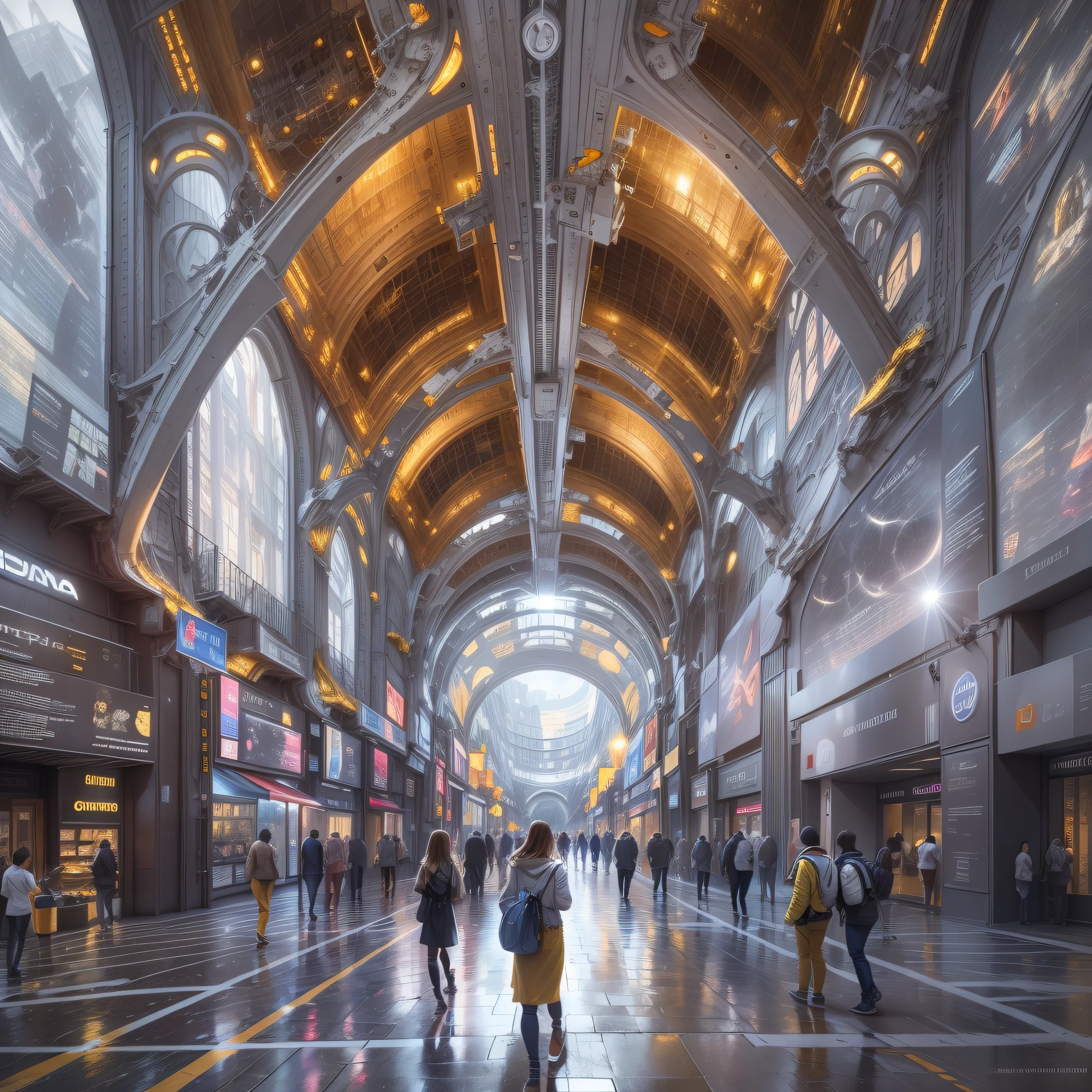 en un planeta desconocido la tripulacion de una spacecraft, Stroll along its brilliant pavement observing the immense buildings of great technology and fantastic design with luminous arch colors and abundance of silver, oro y bronce en sus edificaciones.
