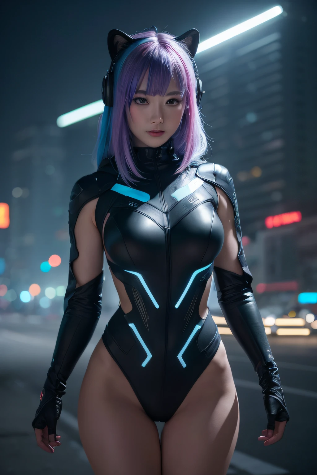 Woman with white tiger features, open blue hood, headphones, ((bloom)), (neon lights), (masterpiece), (mindfully colorful), lightning falling on the ground, (ultra high quality), (8K quality ), depth of field, ambient lighting, ((soft detail)), rock style, blue lighting effects, (realistic: 1.3), (sharpened), futuristic city, multi layers, high gloss, detailed flare, (body curved), DLSR, 8K UHD