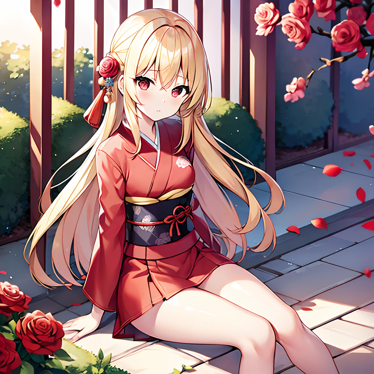 a blond、red eyes、Beautiful girl alone、独奏、animesque、Red kimono、a miniskirt、rose garden、sitting on、Underwear is slightly visible